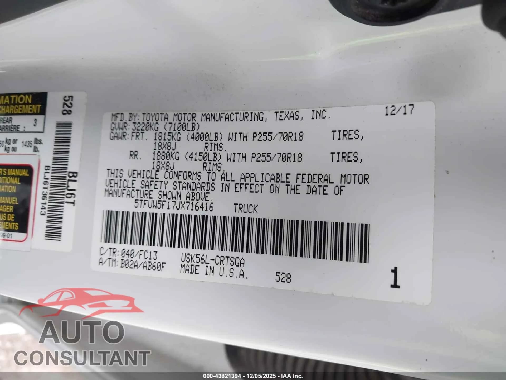 2018 TOYOTA TUNDRA Damaged VIN 5TFUW5F17JX716416 – trunk area 2018 TOYOTA TUNDRA Damaged VIN 5TFUW5F17JX716416 – trunk area