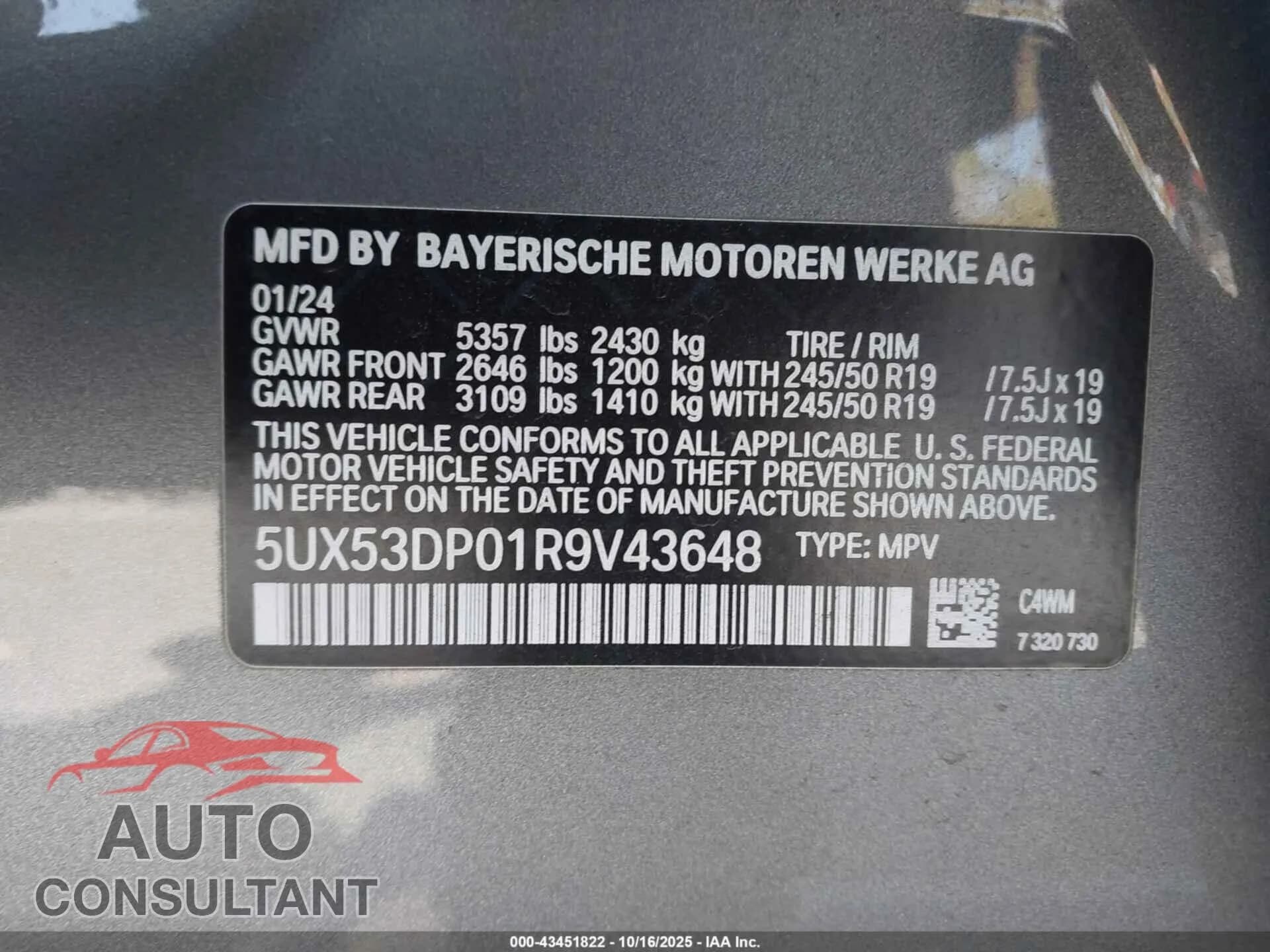 2024 BMW X3 Damaged VIN 5UX53DP01R9V43648 – trunk area 2024 BMW X3 Damaged VIN 5UX53DP01R9V43648 – trunk area