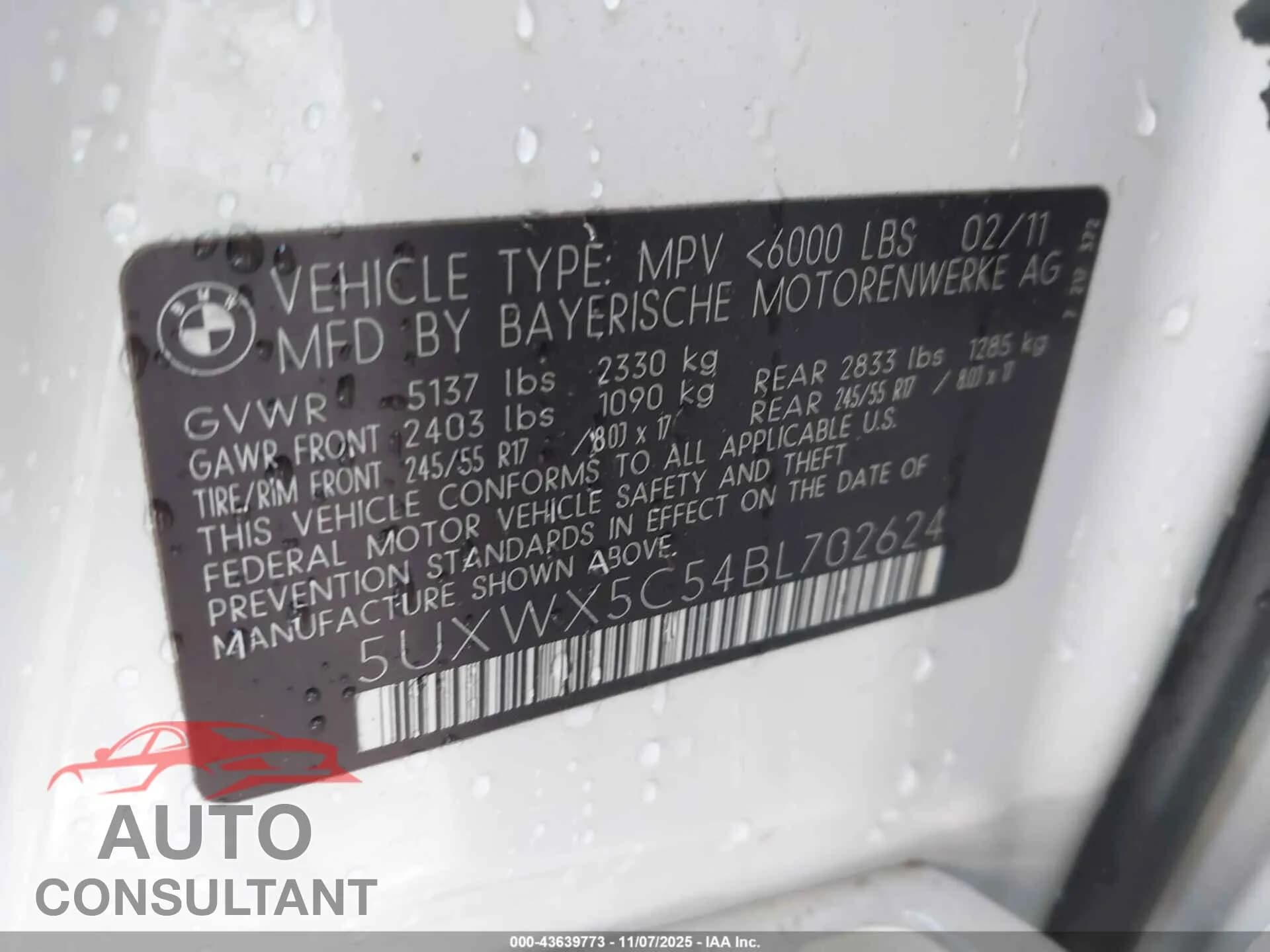 2011 BMW X3 Damaged VIN 5UXWX5C54BL702624 – trunk area 2011 BMW X3 Damaged VIN 5UXWX5C54BL702624 – trunk area