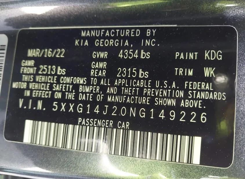 2022 KIA K5 Used VIN 5XXG14J20NG149226 – side profile 2022 KIA K5 Used VIN 5XXG14J20NG149226 – side profile