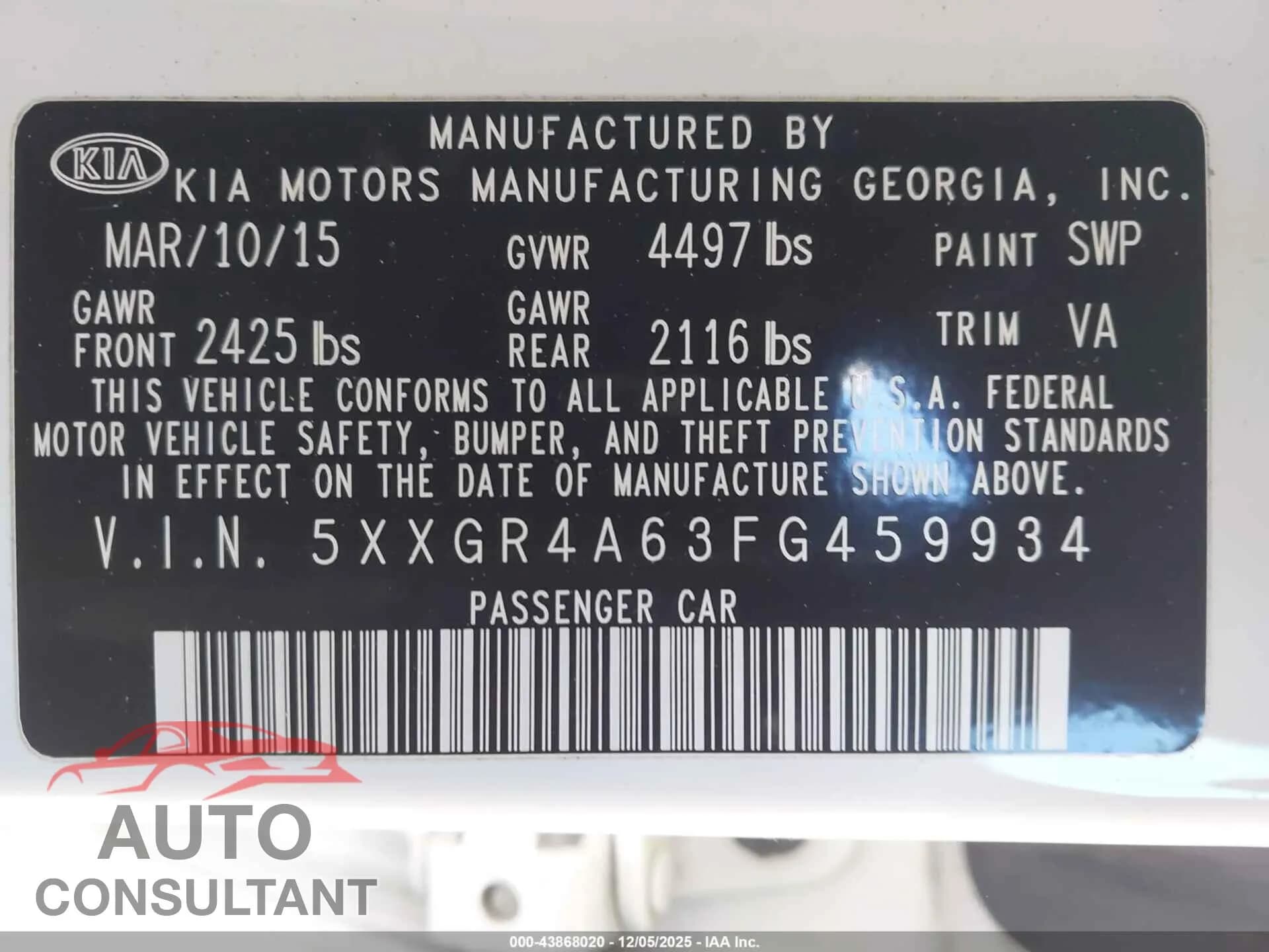 2015 KIA OPTIMA Damaged VIN 5XXGR4A63FG459934 – trunk area 2015 KIA OPTIMA Damaged VIN 5XXGR4A63FG459934 – trunk area