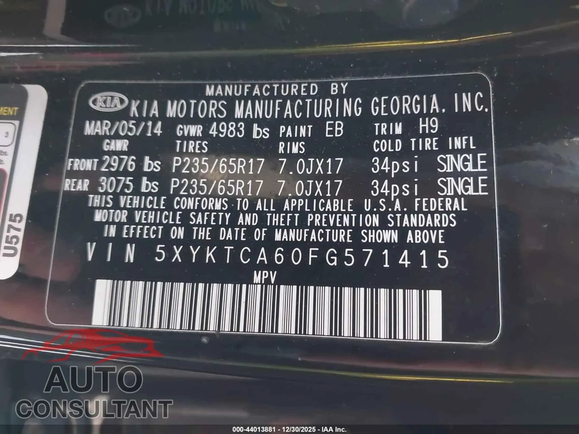 2015 KIA SORENTO Damaged VIN 5XYKTCA60FG571415 – trunk area 2015 KIA SORENTO Damaged VIN 5XYKTCA60FG571415 – trunk area