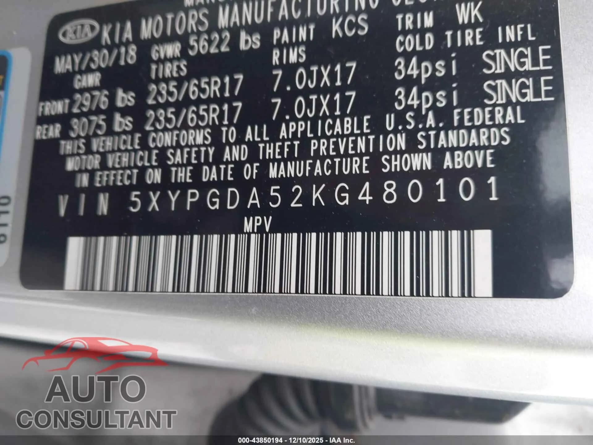 2019 KIA SORENTO Damaged VIN 5XYPGDA52KG480101 – trunk area 2019 KIA SORENTO Damaged VIN 5XYPGDA52KG480101 – trunk area