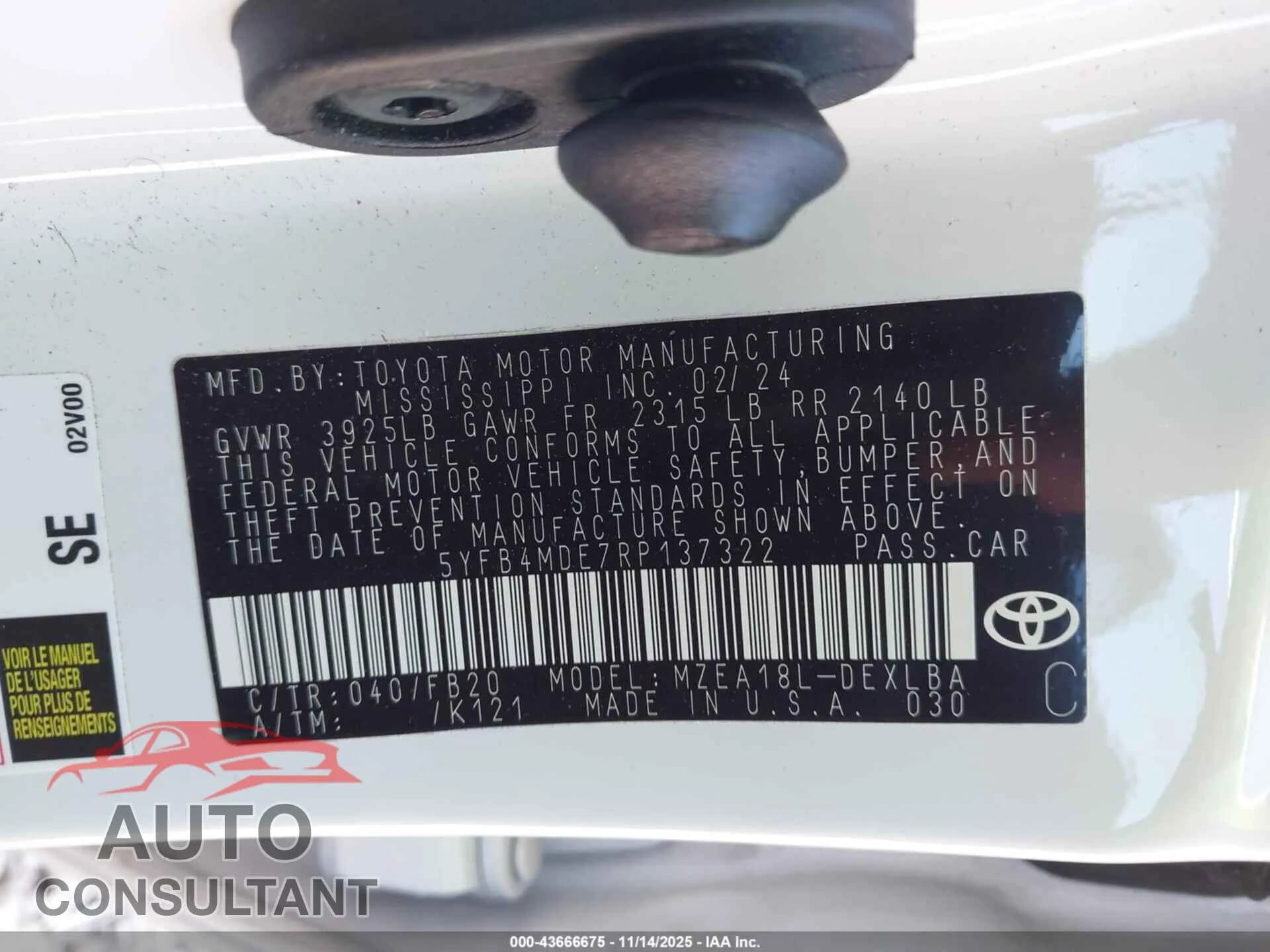 2024 TOYOTA COROLLA Damaged VIN 5YFB4MDE7RP137322 – trunk area 2024 TOYOTA COROLLA Damaged VIN 5YFB4MDE7RP137322 – trunk area