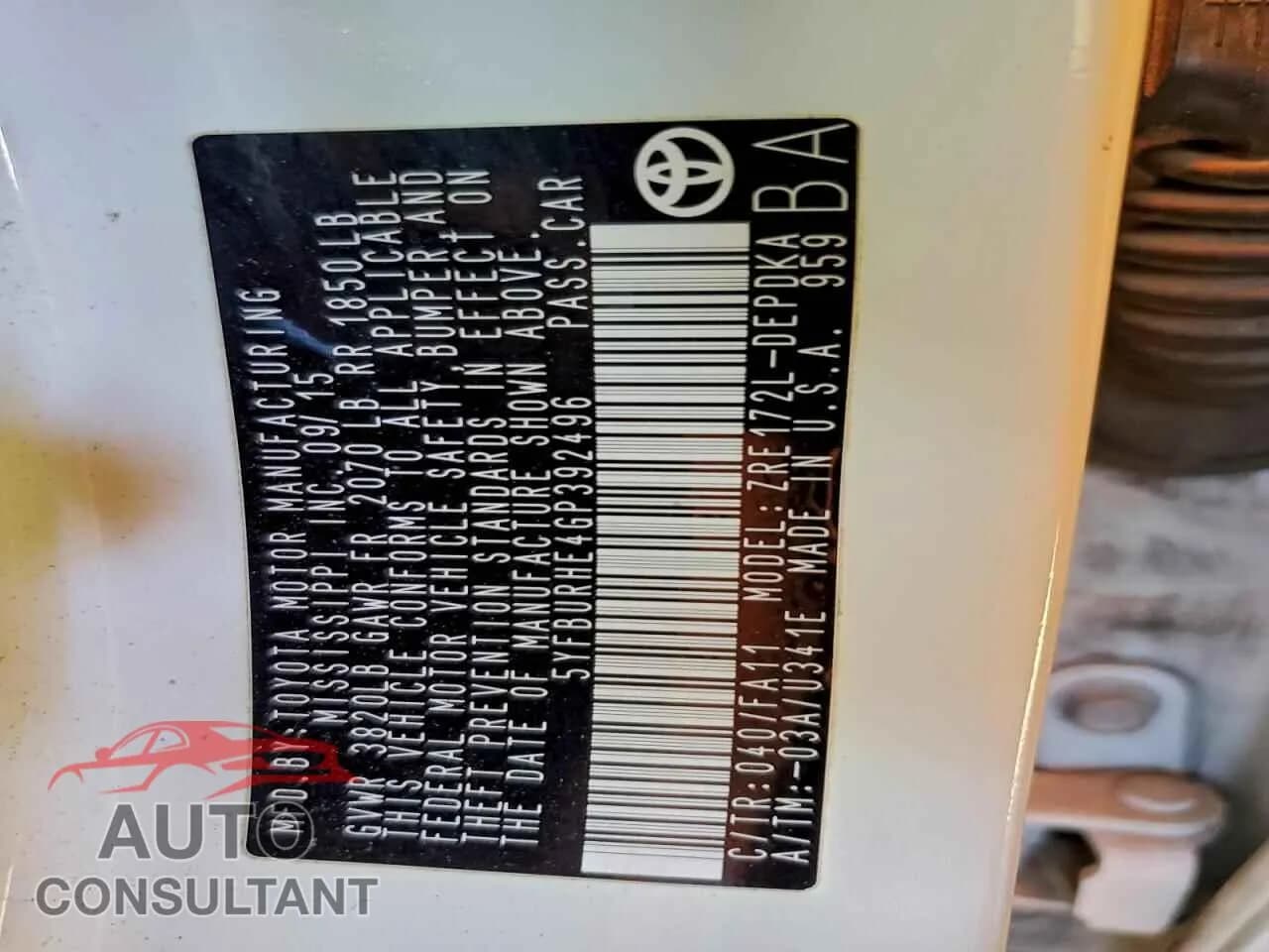 2016 TOYOTA COROLLA Damaged VIN 5YFBURHE4GP392496 – photo 12 2016 TOYOTA COROLLA Damaged VIN 5YFBURHE4GP392496 – photo 12