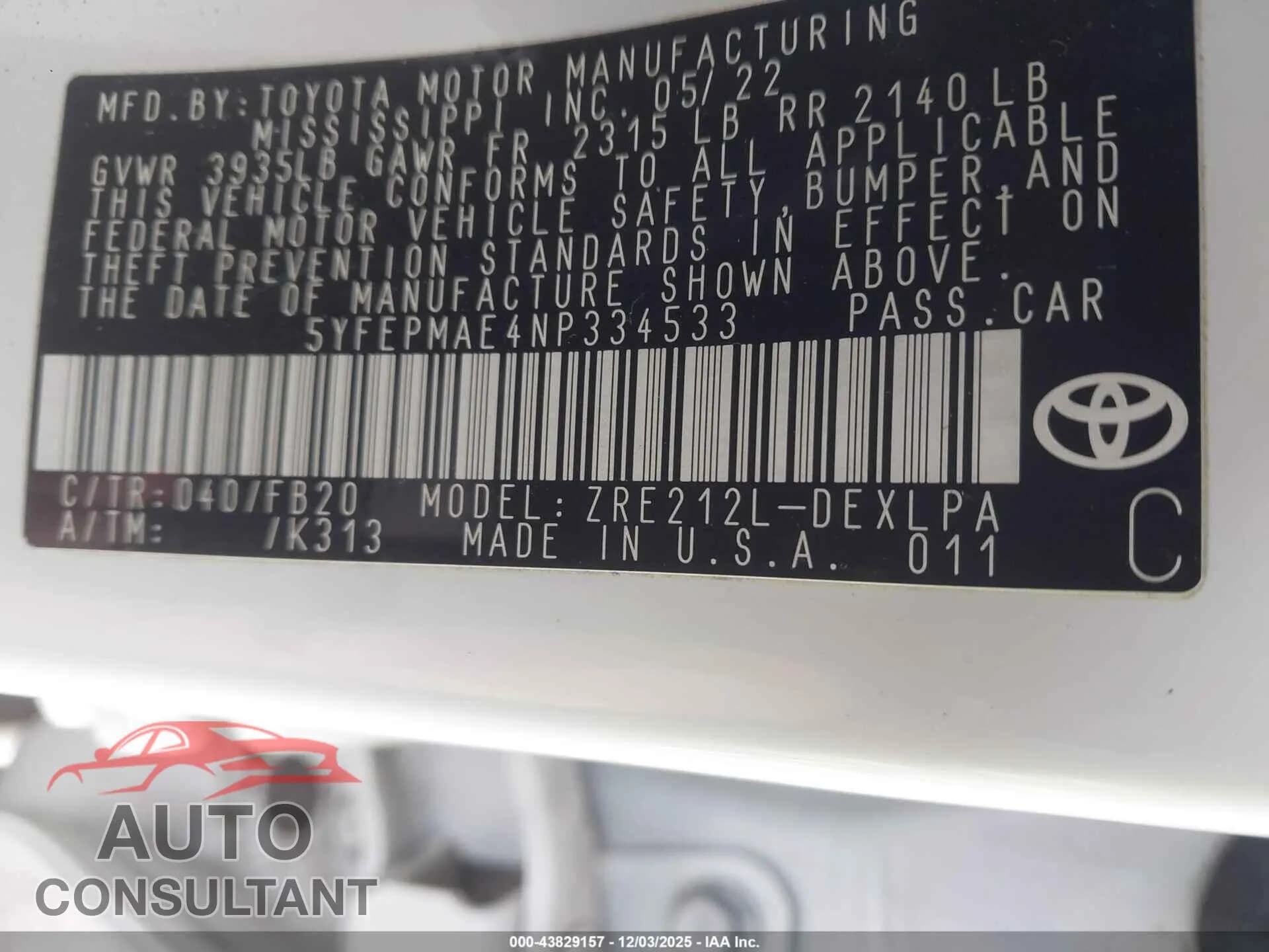 2022 TOYOTA COROLLA Damaged VIN 5YFEPMAE4NP334533 – trunk area 2022 TOYOTA COROLLA Damaged VIN 5YFEPMAE4NP334533 – trunk area