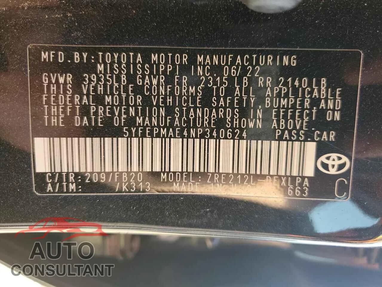 2022 TOYOTA COROLLA Damaged VIN 5YFEPMAE4NP340624 – photo 12 2022 TOYOTA COROLLA Damaged VIN 5YFEPMAE4NP340624 – photo 12