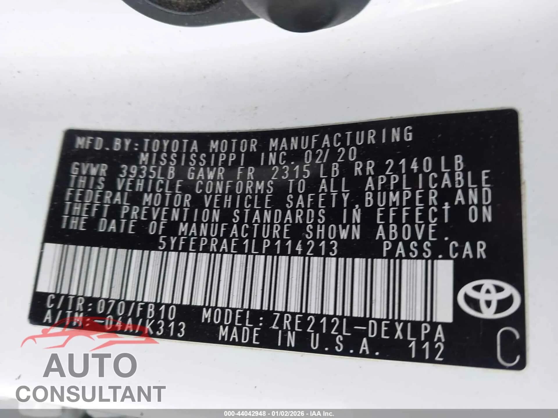 2020 TOYOTA COROLLA Damaged VIN 5YFEPRAE1LP114213 – trunk area 2020 TOYOTA COROLLA Damaged VIN 5YFEPRAE1LP114213 – trunk area