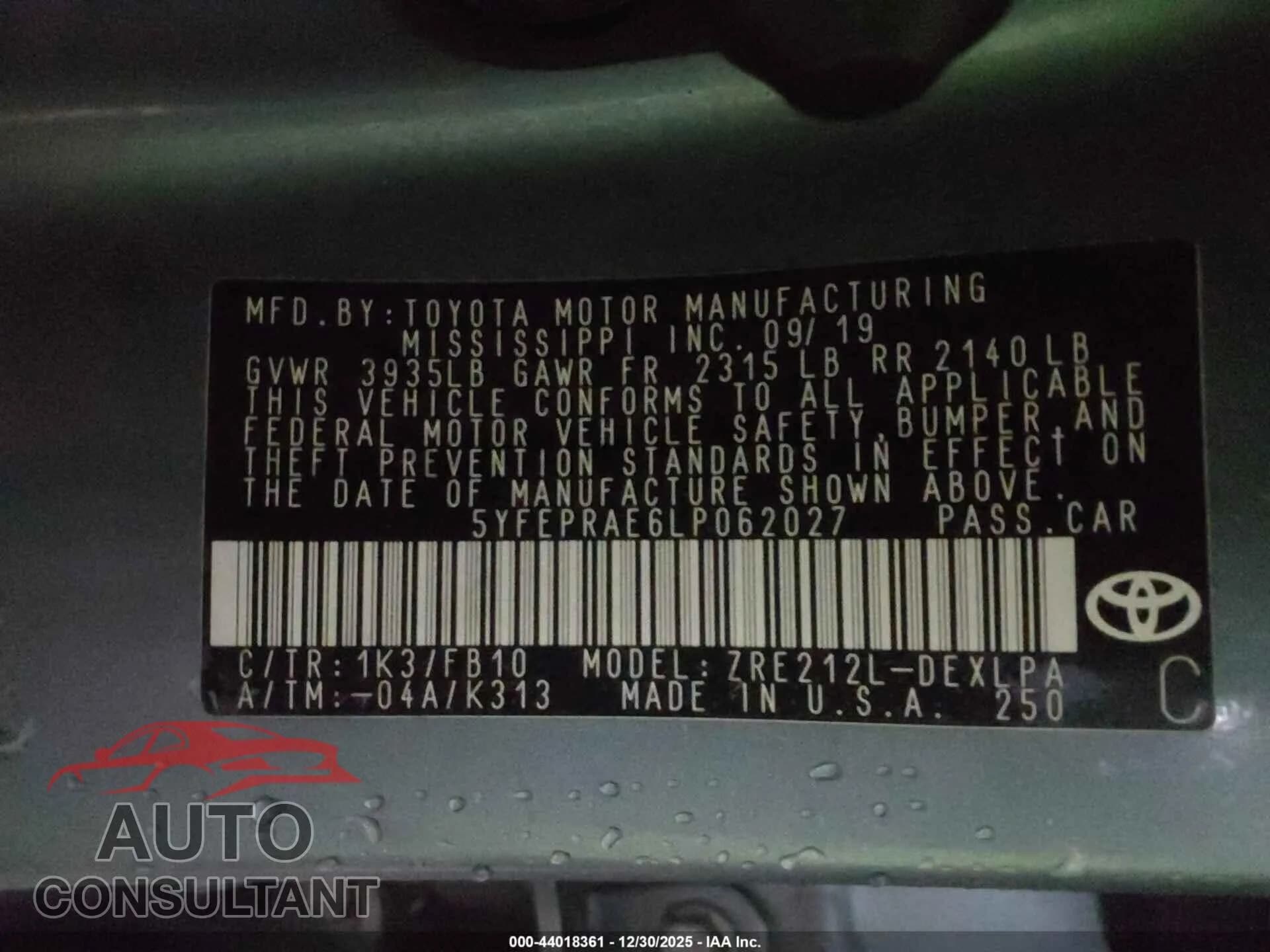 2020 TOYOTA COROLLA Damaged VIN 5YFEPRAE6LP062027 – trunk area 2020 TOYOTA COROLLA Damaged VIN 5YFEPRAE6LP062027 – trunk area