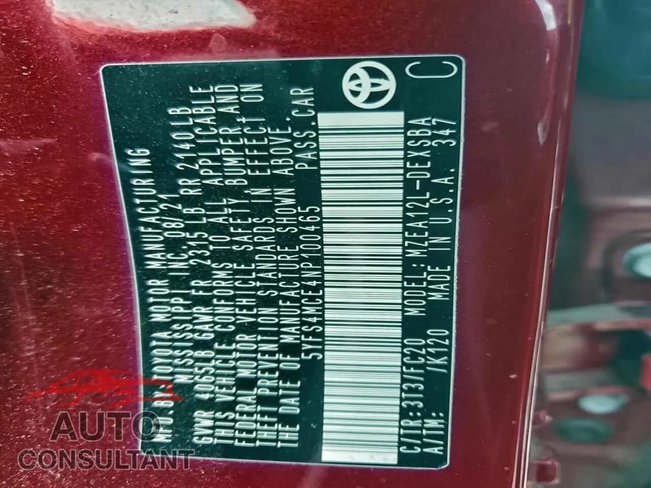 2022 TOYOTA COROLLA Damaged VIN 5YFS4MCE4NP100465 – photo 12 2022 TOYOTA COROLLA Damaged VIN 5YFS4MCE4NP100465 – photo 12