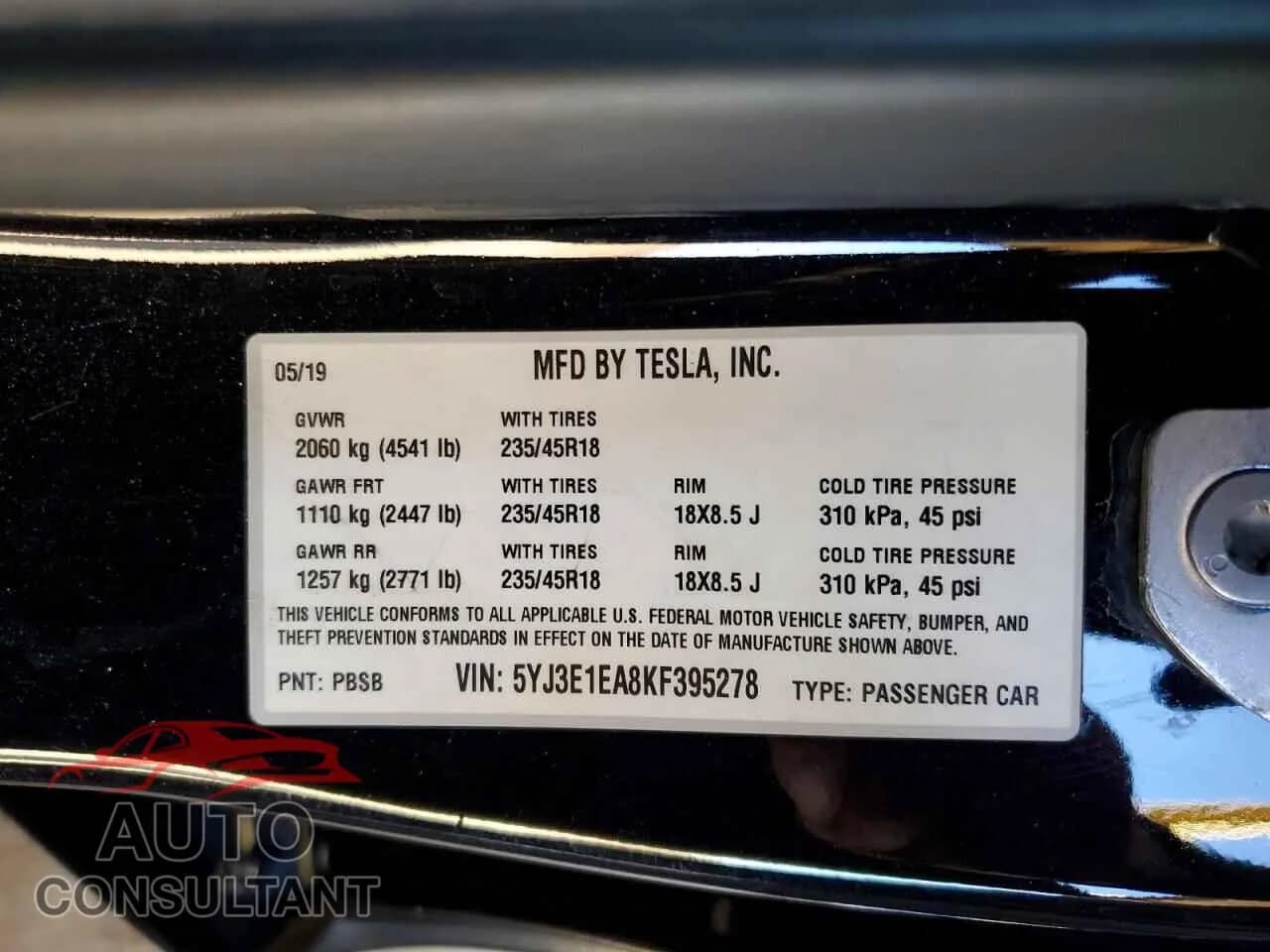 2019 TESLA MODEL 3 Damaged VIN 5YJ3E1EA8KF395278 – photo 12 2019 TESLA MODEL 3 Damaged VIN 5YJ3E1EA8KF395278 – photo 12