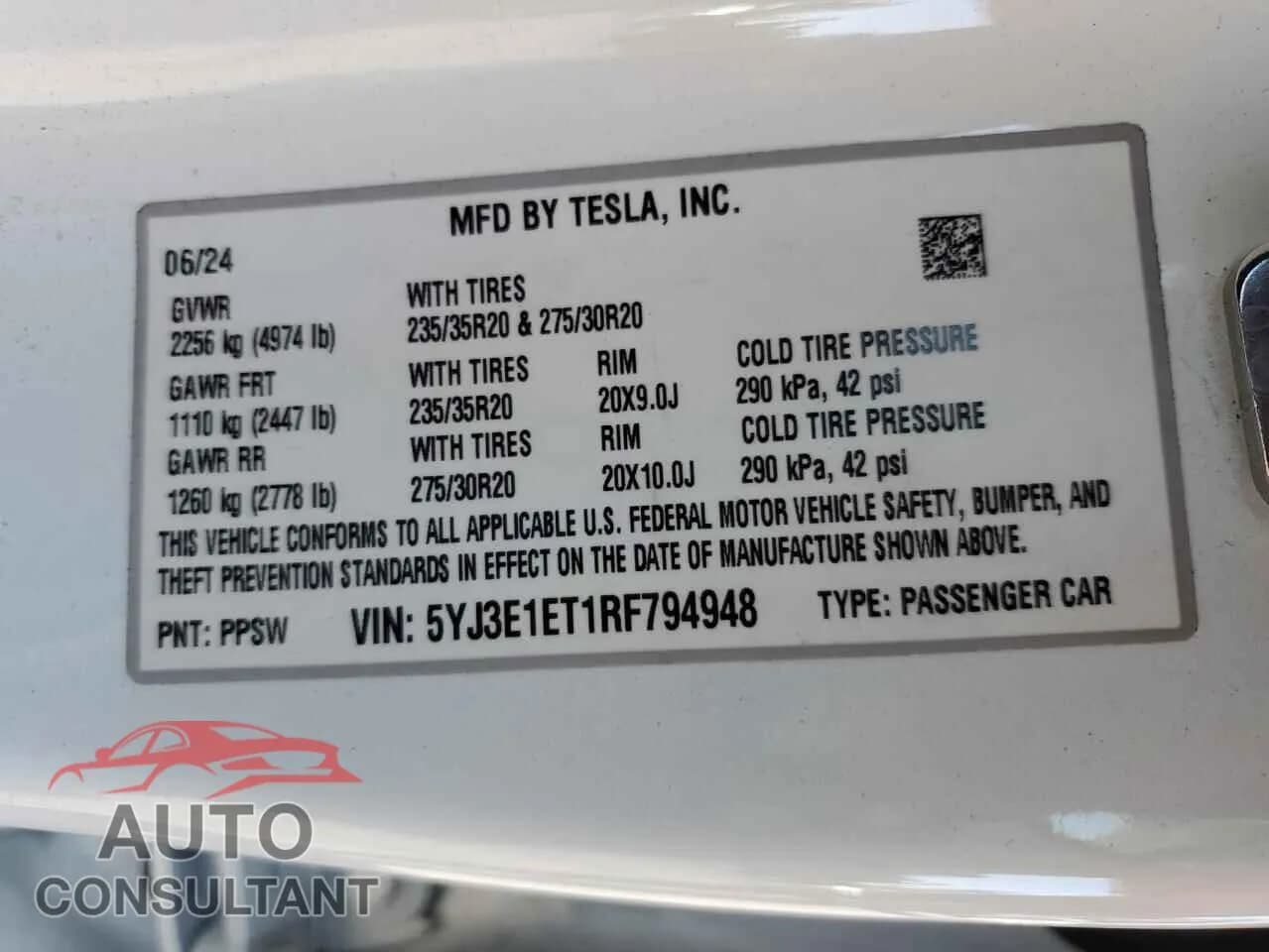 2024 TESLA MODEL 3 Damaged VIN 5YJ3E1ET1RF794948 – photo 12 2024 TESLA MODEL 3 Damaged VIN 5YJ3E1ET1RF794948 – photo 12