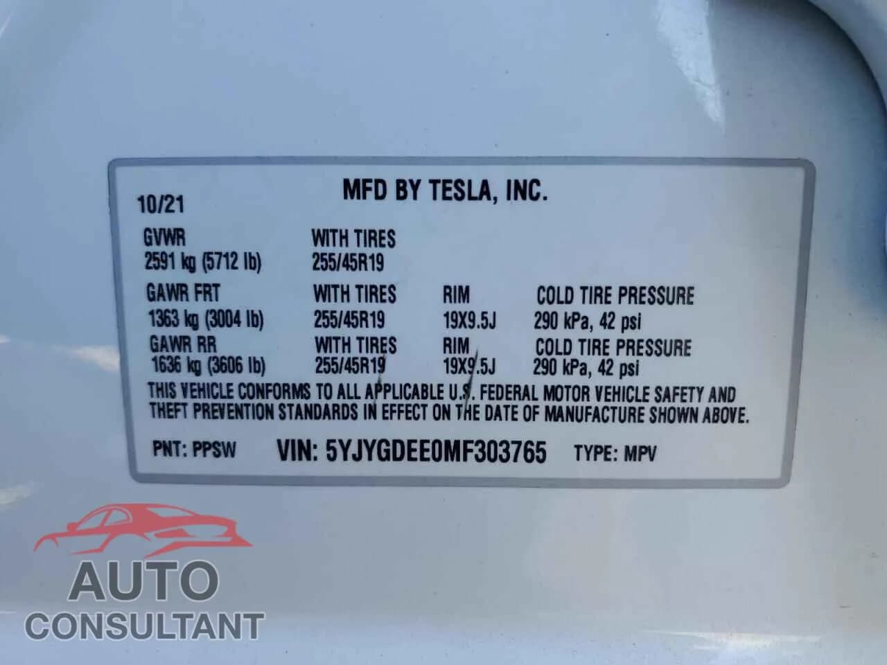 2021 TESLA MODEL Y Damaged VIN 5YJYGDEE0MF303765 – photo 13 2021 TESLA MODEL Y Damaged VIN 5YJYGDEE0MF303765 – photo 13