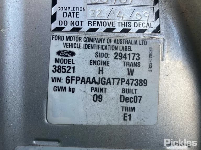 2007 Ford Territory Used VIN 6FPAAAJGAT7P47389 – odometer reading 2007 Ford Territory Used VIN 6FPAAAJGAT7P47389 – odometer reading