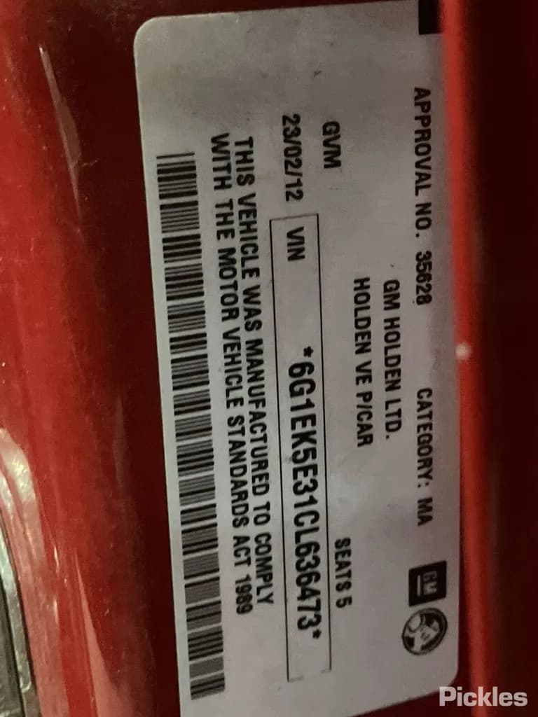 2012 Holden Commodore - VIN 6G1EK5E31CL636473 2012 Holden Commodore VIN 6G1EK5E31CL636473