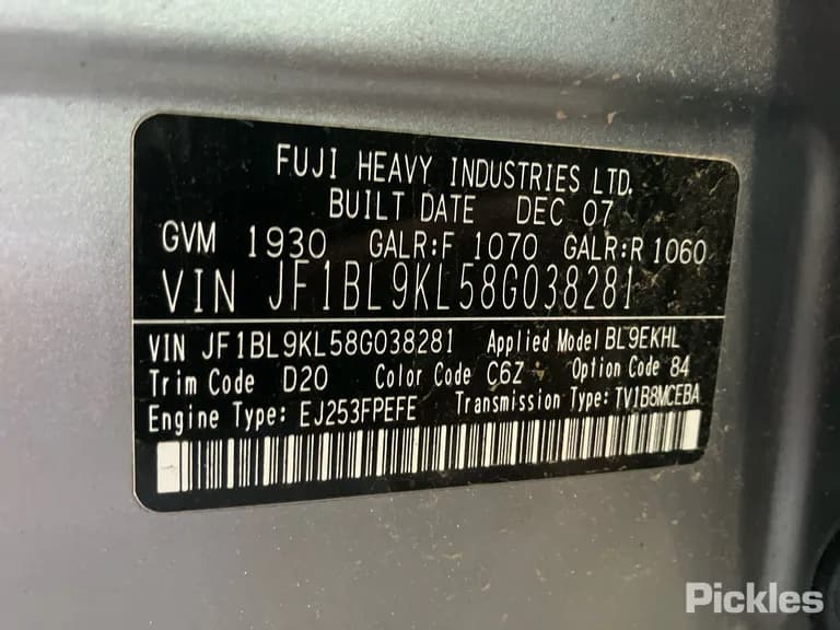2008 Subaru Liberty - VIN JF1BL9KL58G038281 2008 Subaru Liberty VIN JF1BL9KL58G038281