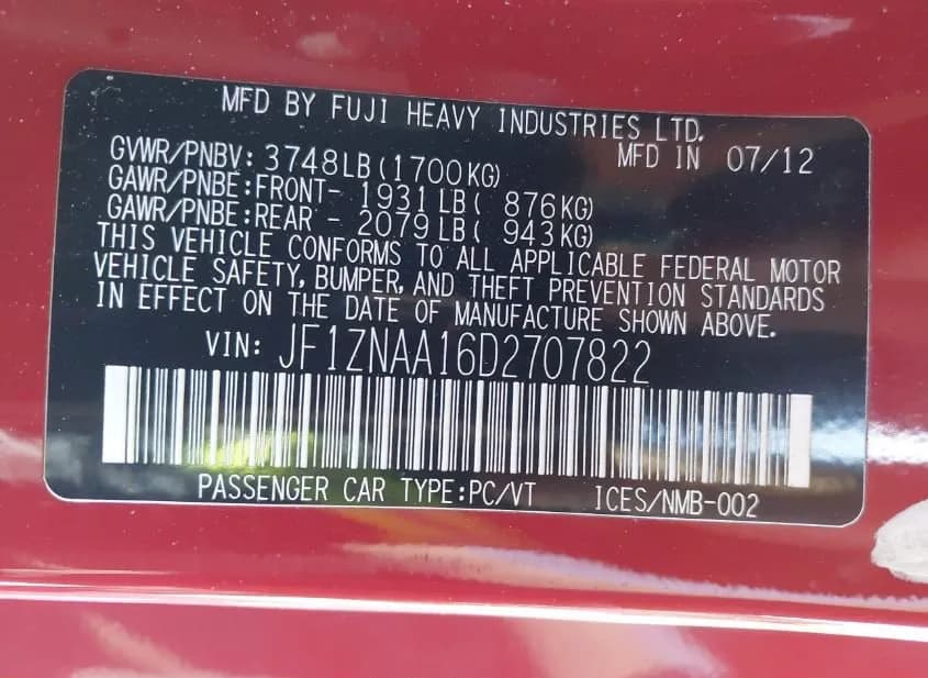 2013 TOYOTA Scion FR-S Used VIN JF1ZNAA16D2707822 – odometer reading 2013 TOYOTA Scion FR-S Used VIN JF1ZNAA16D2707822 – odometer reading