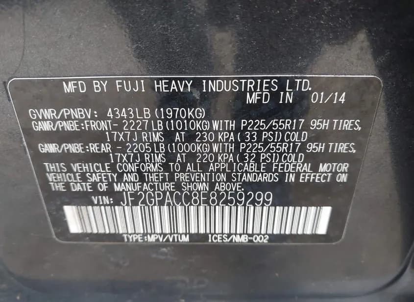 2014 SUBARU XV Used VIN JF2GPACC8E8259299 – odometer reading 2014 SUBARU XV Used VIN JF2GPACC8E8259299 – odometer reading