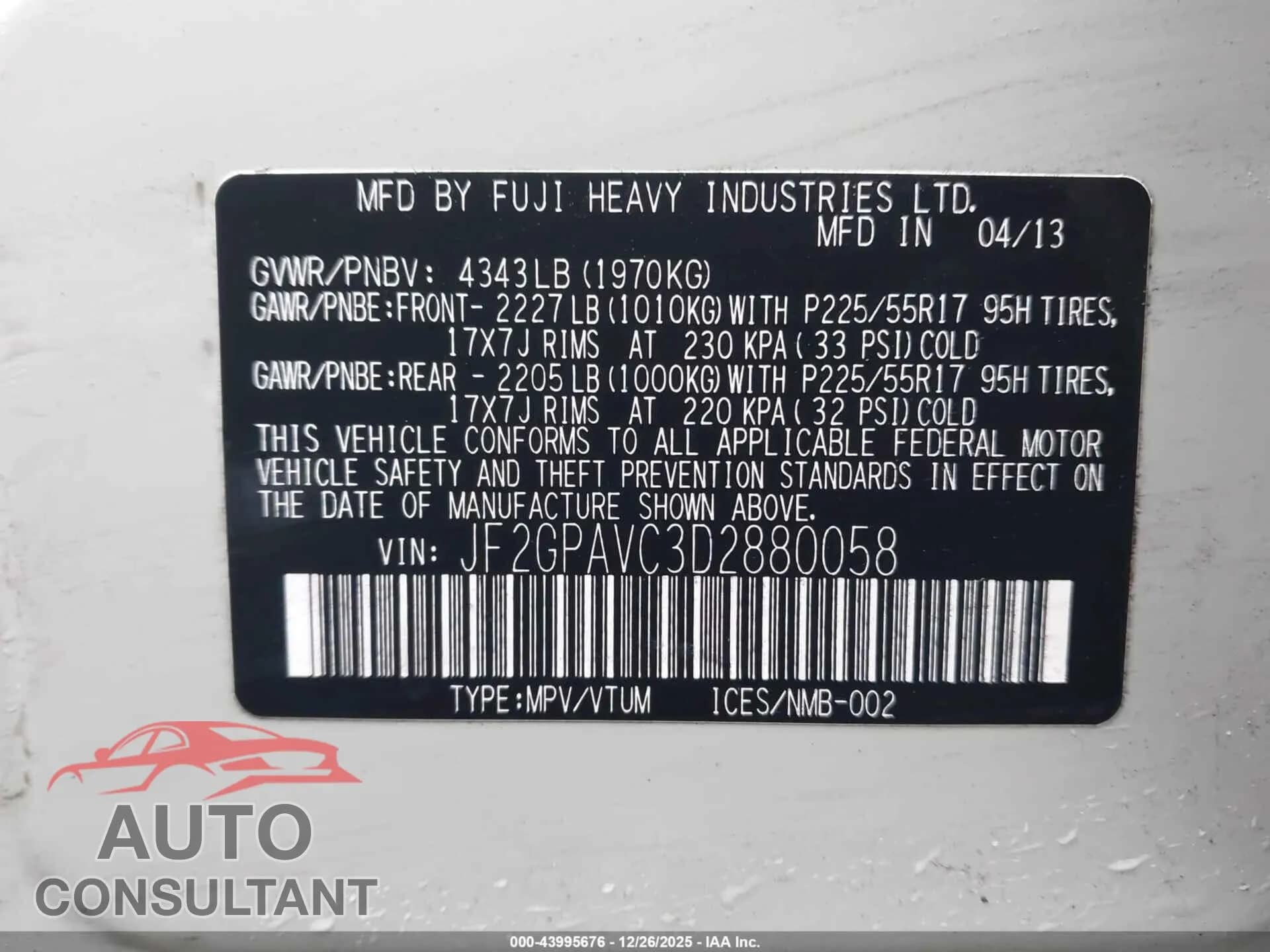 2013 SUBARU XV CROSSTREK Damaged VIN JF2GPAVC3D2880058 – trunk area 2013 SUBARU XV CROSSTREK Damaged VIN JF2GPAVC3D2880058 – trunk area