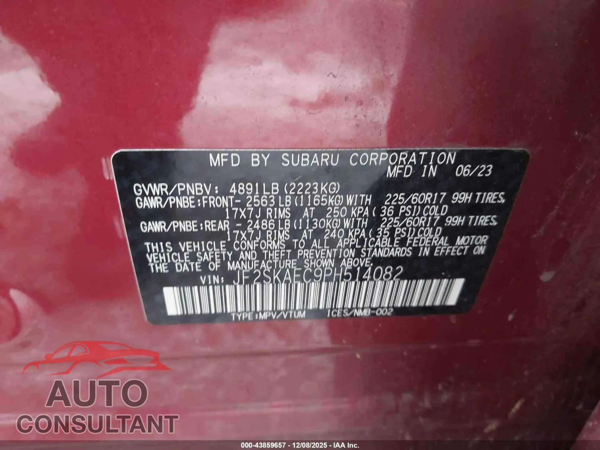 2023 SUBARU FORESTER Damaged VIN JF2SKAEC9PH514082 – trunk area 2023 SUBARU FORESTER Damaged VIN JF2SKAEC9PH514082 – trunk area