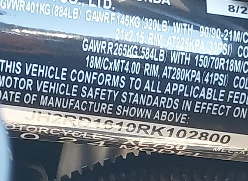 2024 HONDA Transalp Used VIN JH2RD1610RK102800 – rear exterior 2024 HONDA Transalp Used VIN JH2RD1610RK102800 – rear exterior