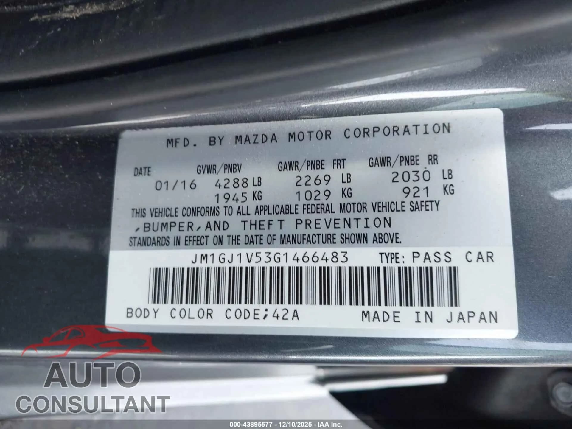 2016 MAZDA MAZDA6 Damaged VIN JM1GJ1V53G1466483 – trunk area 2016 MAZDA MAZDA6 Damaged VIN JM1GJ1V53G1466483 – trunk area