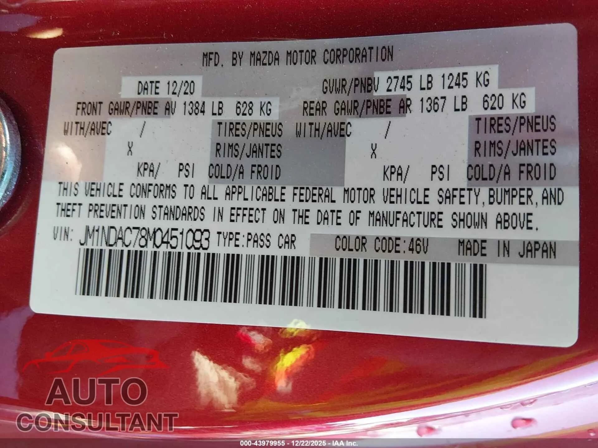 2021 MAZDA MX-5 MIATA Damaged VIN JM1NDAC78M0451093 – trunk area 2021 MAZDA MX-5 MIATA Damaged VIN JM1NDAC78M0451093 – trunk area