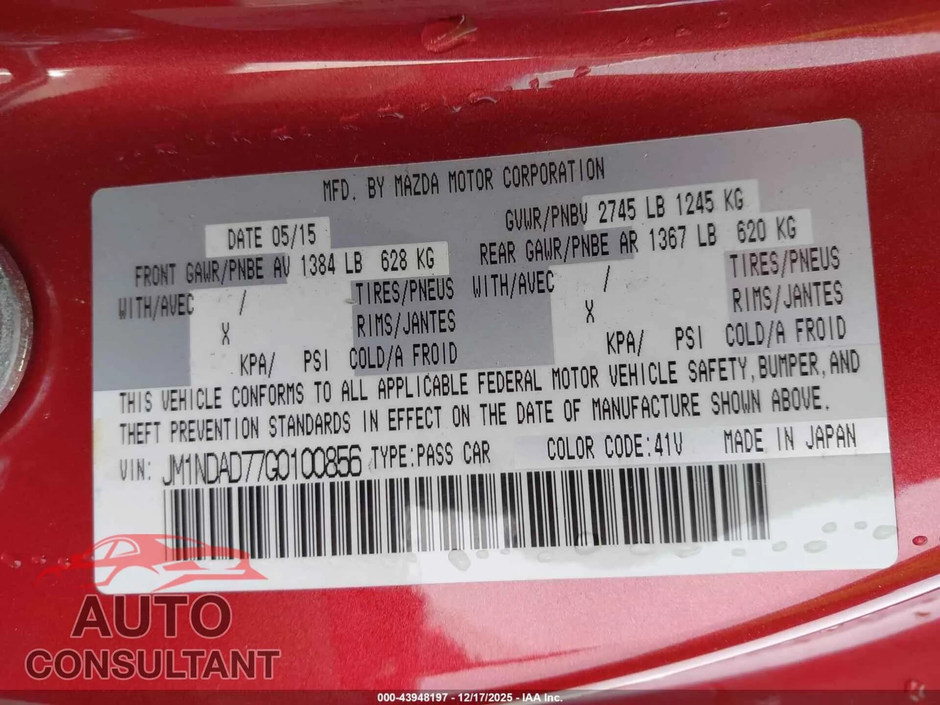 2016 MAZDA MX-5 MIATA Damaged VIN JM1NDAD77G0100856 – trunk area 2016 MAZDA MX-5 MIATA Damaged VIN JM1NDAD77G0100856 – trunk area