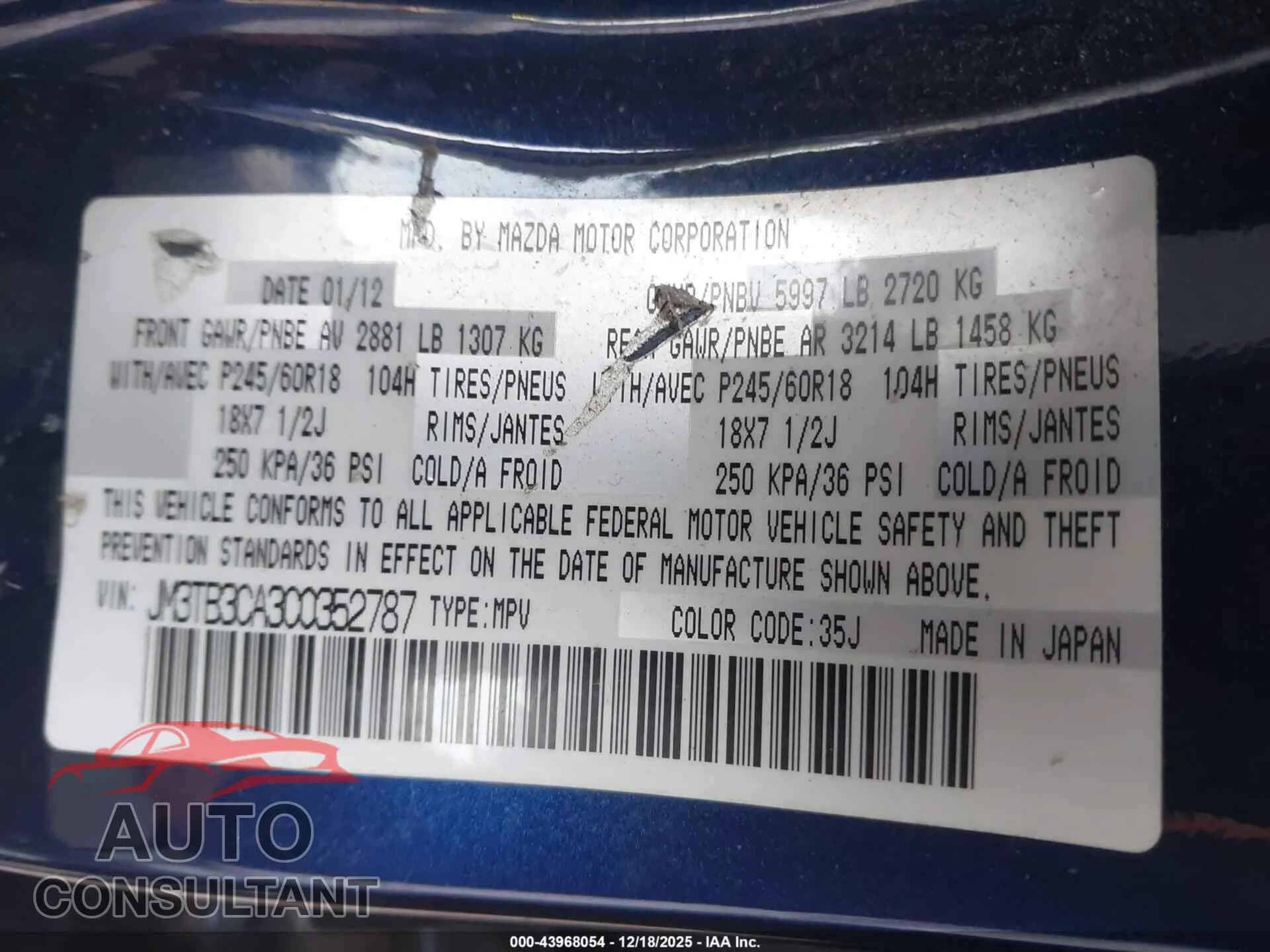 2012 MAZDA CX-9 Damaged VIN JM3TB3CA3C0352787 – trunk area 2012 MAZDA CX-9 Damaged VIN JM3TB3CA3C0352787 – trunk area
