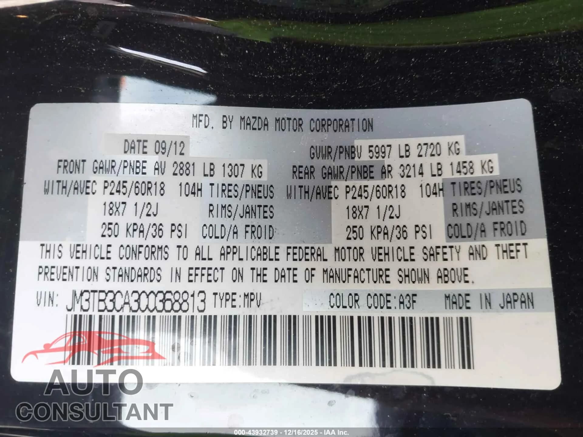 2012 MAZDA CX-9 Damaged VIN JM3TB3CA3C0368813 – trunk area 2012 MAZDA CX-9 Damaged VIN JM3TB3CA3C0368813 – trunk area