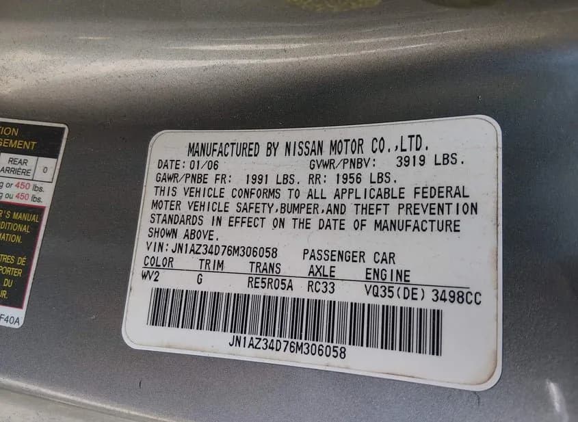 2006 NISSAN 350Z Used VIN JN1AZ34D76M306058 – interior seats 2006 NISSAN 350Z Used VIN JN1AZ34D76M306058 – interior seats