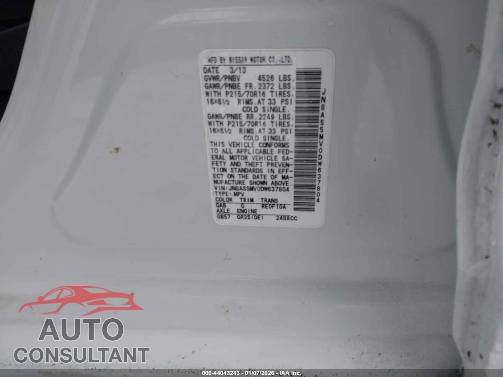 2013 NISSAN ROGUE Damaged VIN JN8AS5MV0DW637804 – trunk area 2013 NISSAN ROGUE Damaged VIN JN8AS5MV0DW637804 – trunk area