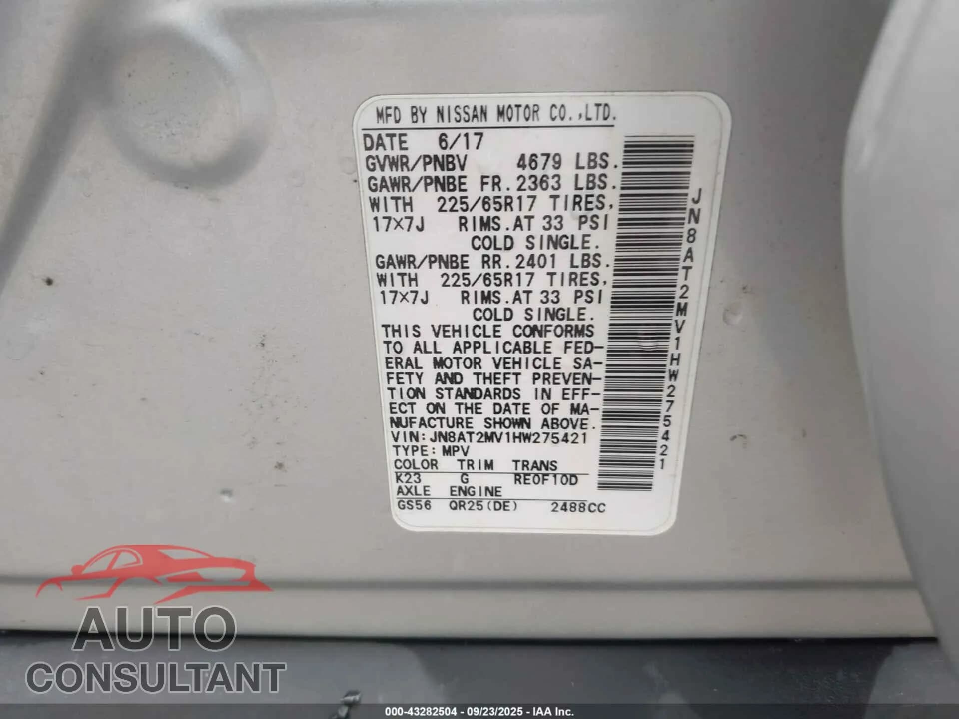 2017 NISSAN ROGUE Used VIN JN8AT2MV1HW275421 – trunk area 2017 NISSAN ROGUE Used VIN JN8AT2MV1HW275421 – trunk area