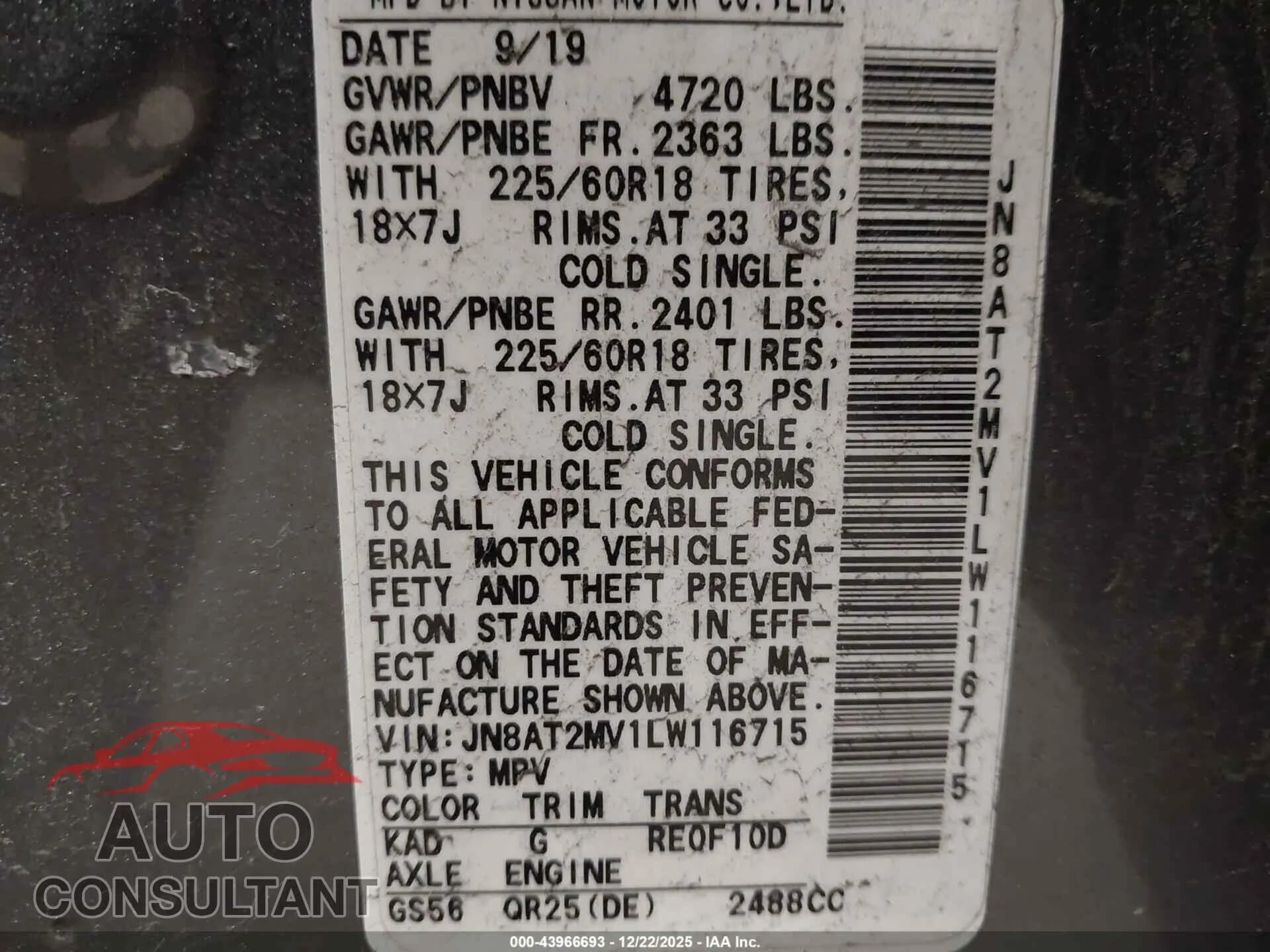 2020 NISSAN ROGUE Damaged VIN JN8AT2MV1LW116715 – trunk area 2020 NISSAN ROGUE Damaged VIN JN8AT2MV1LW116715 – trunk area