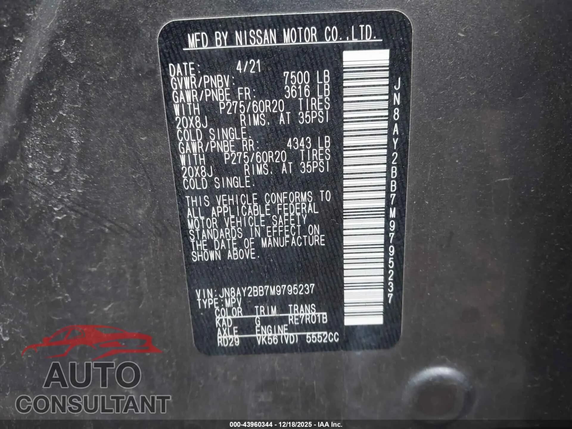 2021 NISSAN ARMADA Damaged VIN JN8AY2BB7M9795237 – trunk area 2021 NISSAN ARMADA Damaged VIN JN8AY2BB7M9795237 – trunk area