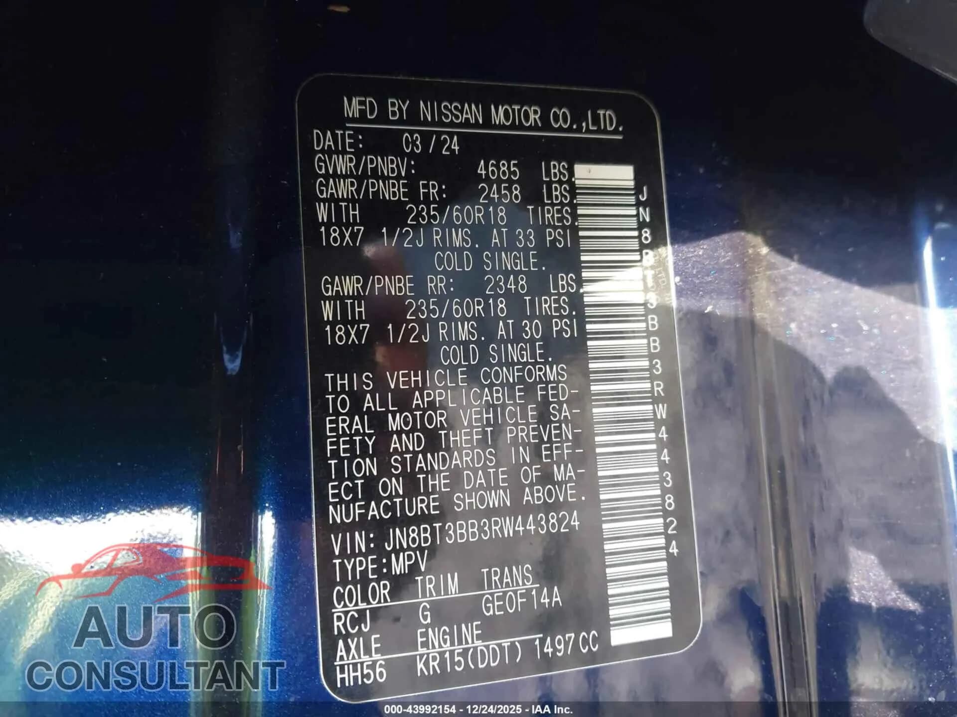 2024 NISSAN ROGUE Damaged VIN JN8BT3BB3RW443824 – trunk area 2024 NISSAN ROGUE Damaged VIN JN8BT3BB3RW443824 – trunk area