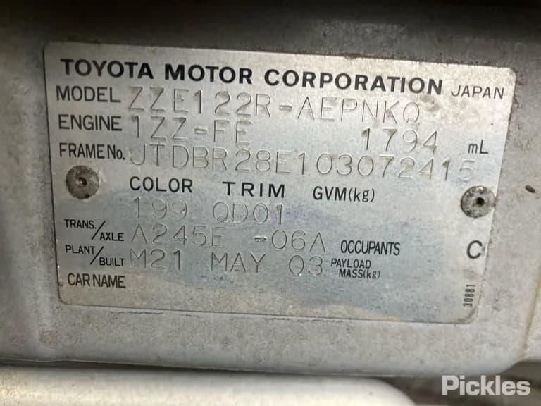 2003 Toyota Corolla Used VIN JTDBR28E103072415 – trunk area 2003 Toyota Corolla Used VIN JTDBR28E103072415 – trunk area