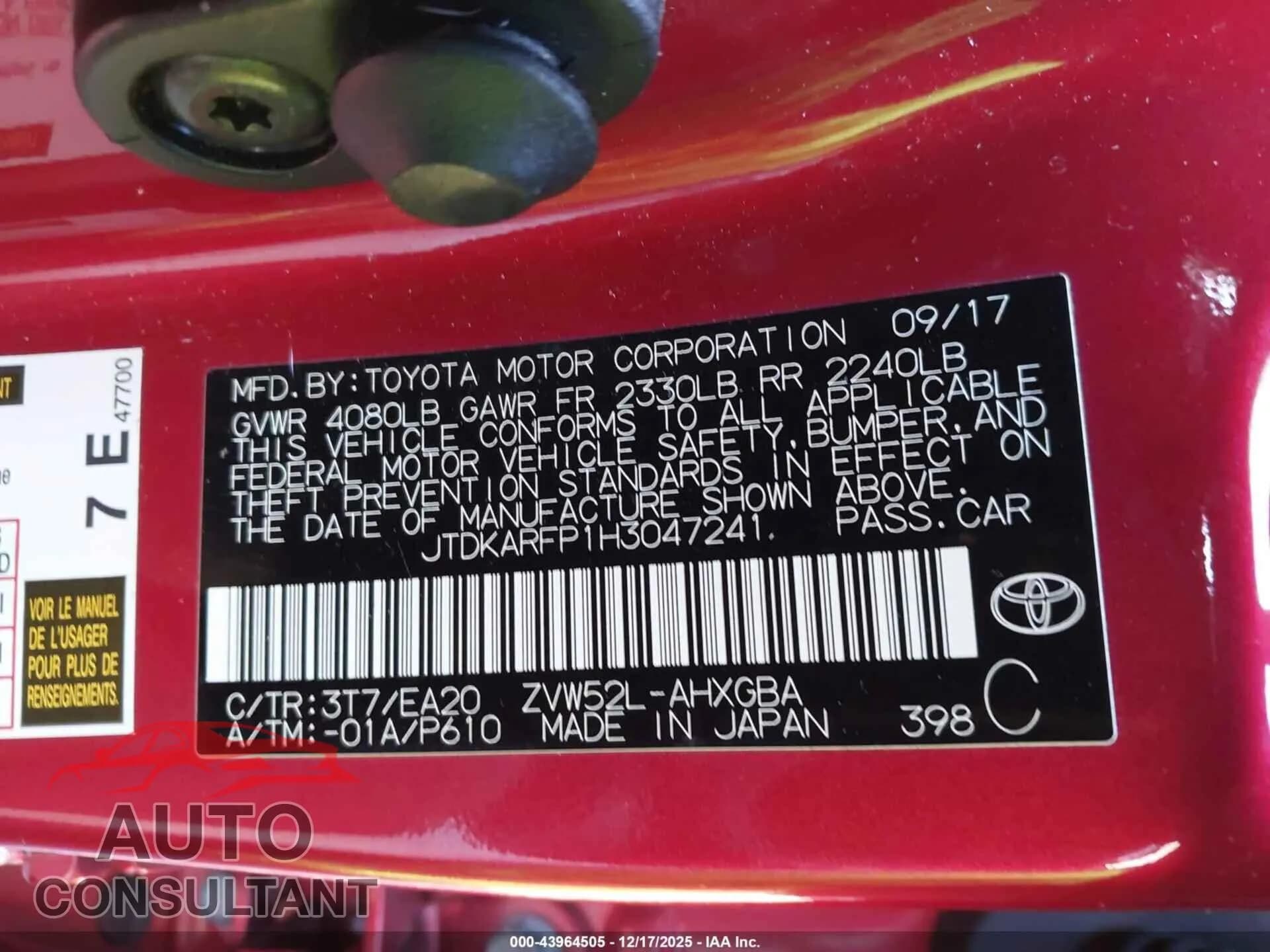 2017 TOYOTA PRIUS PRIME Damaged VIN JTDKARFP1H3047241 – trunk area 2017 TOYOTA PRIUS PRIME Damaged VIN JTDKARFP1H3047241 – trunk area