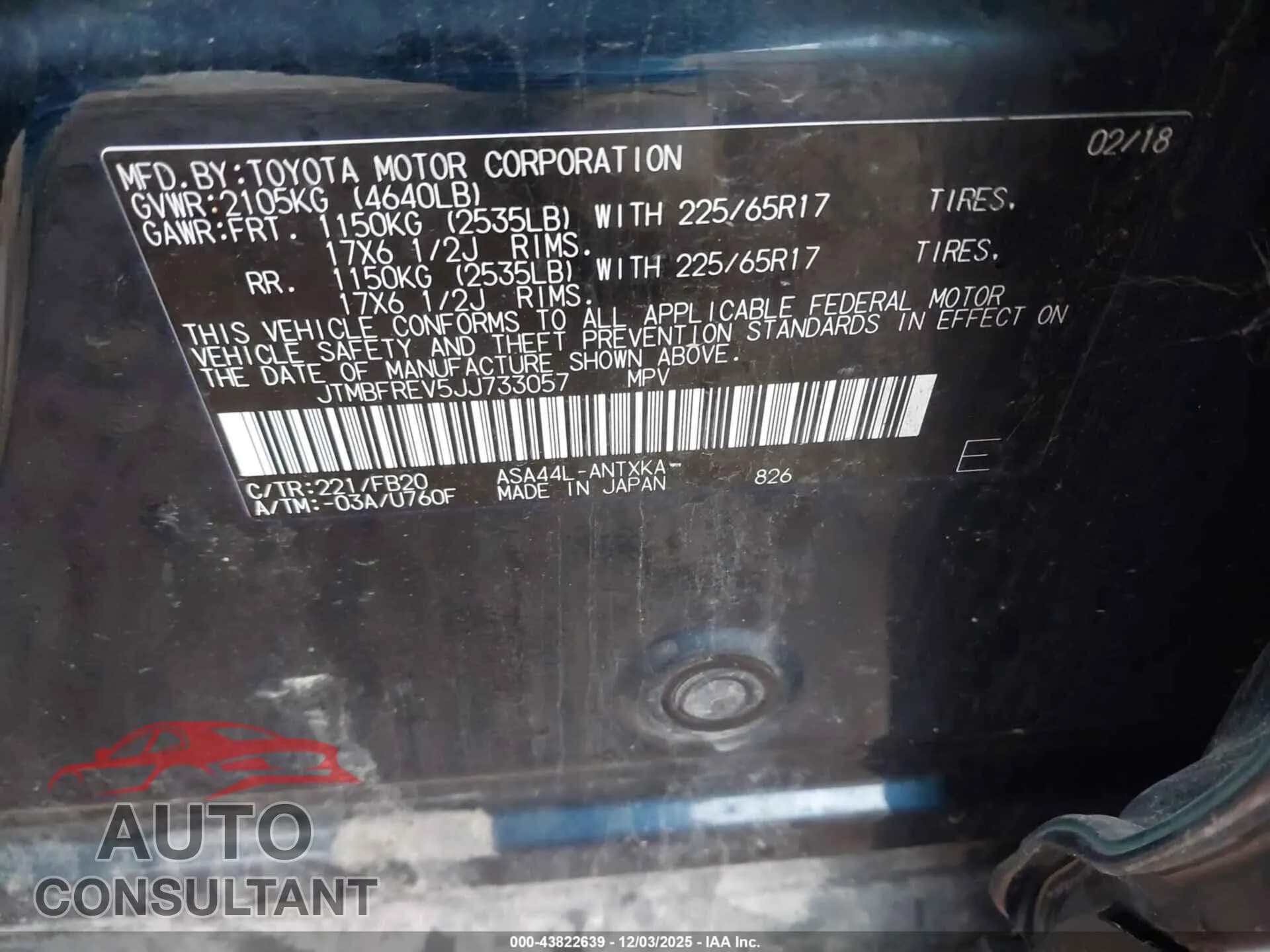 2018 TOYOTA RAV4 Damaged VIN JTMBFREV5JJ733057 – trunk area 2018 TOYOTA RAV4 Damaged VIN JTMBFREV5JJ733057 – trunk area