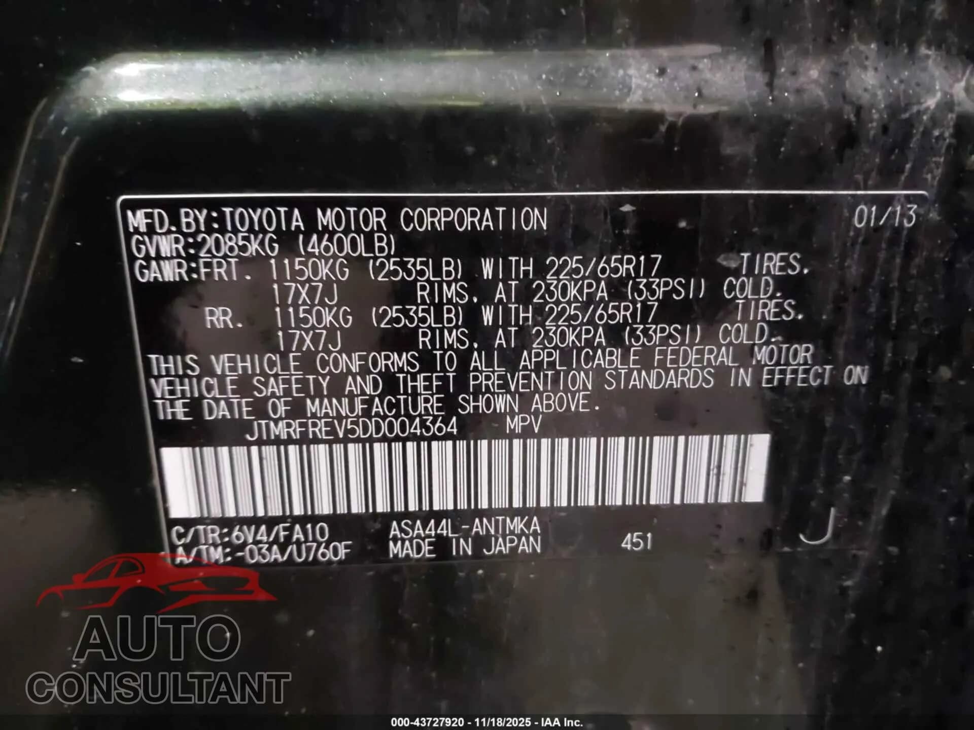 2013 TOYOTA RAV4 Damaged VIN JTMRFREV5DD004364 – trunk area 2013 TOYOTA RAV4 Damaged VIN JTMRFREV5DD004364 – trunk area