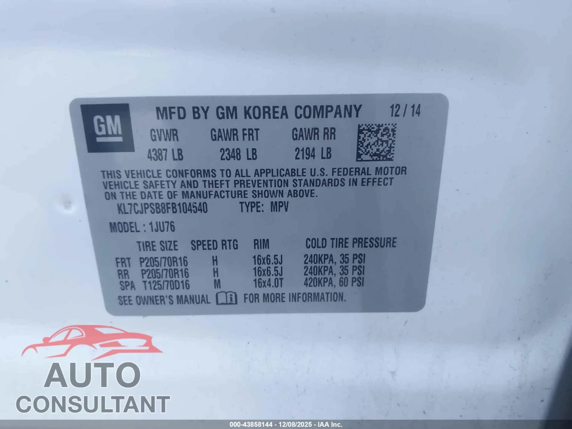 2015 CHEVROLET TRAX Damaged VIN KL7CJPSB8FB104540 – trunk area 2015 CHEVROLET TRAX Damaged VIN KL7CJPSB8FB104540 – trunk area