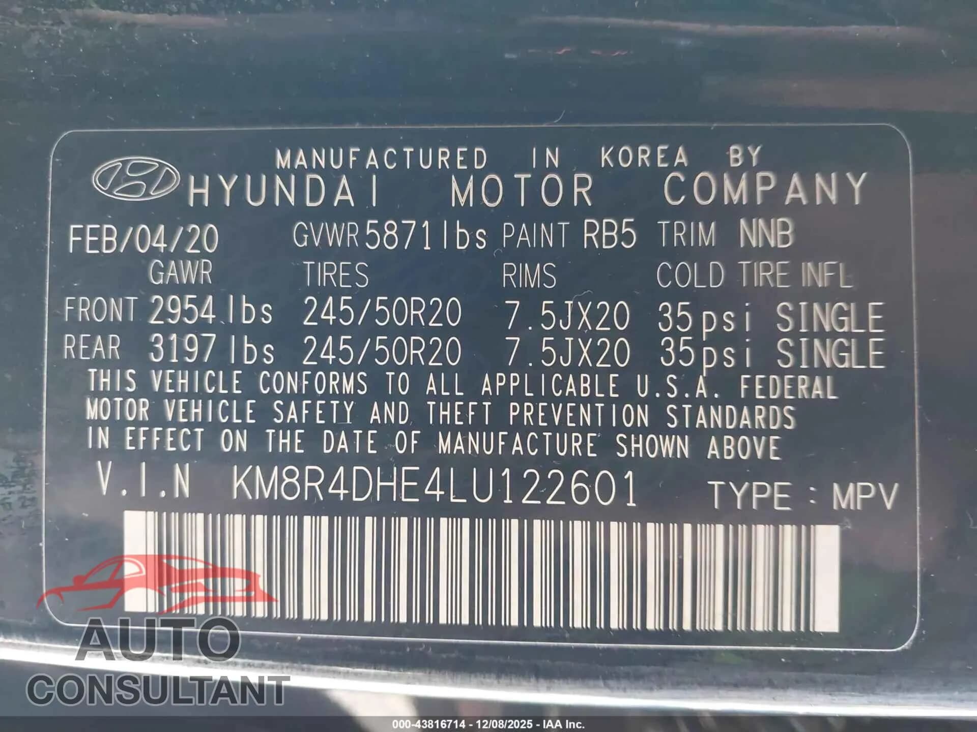 2020 HYUNDAI PALISADE Damaged VIN KM8R4DHE4LU122601 – trunk area 2020 HYUNDAI PALISADE Damaged VIN KM8R4DHE4LU122601 – trunk area