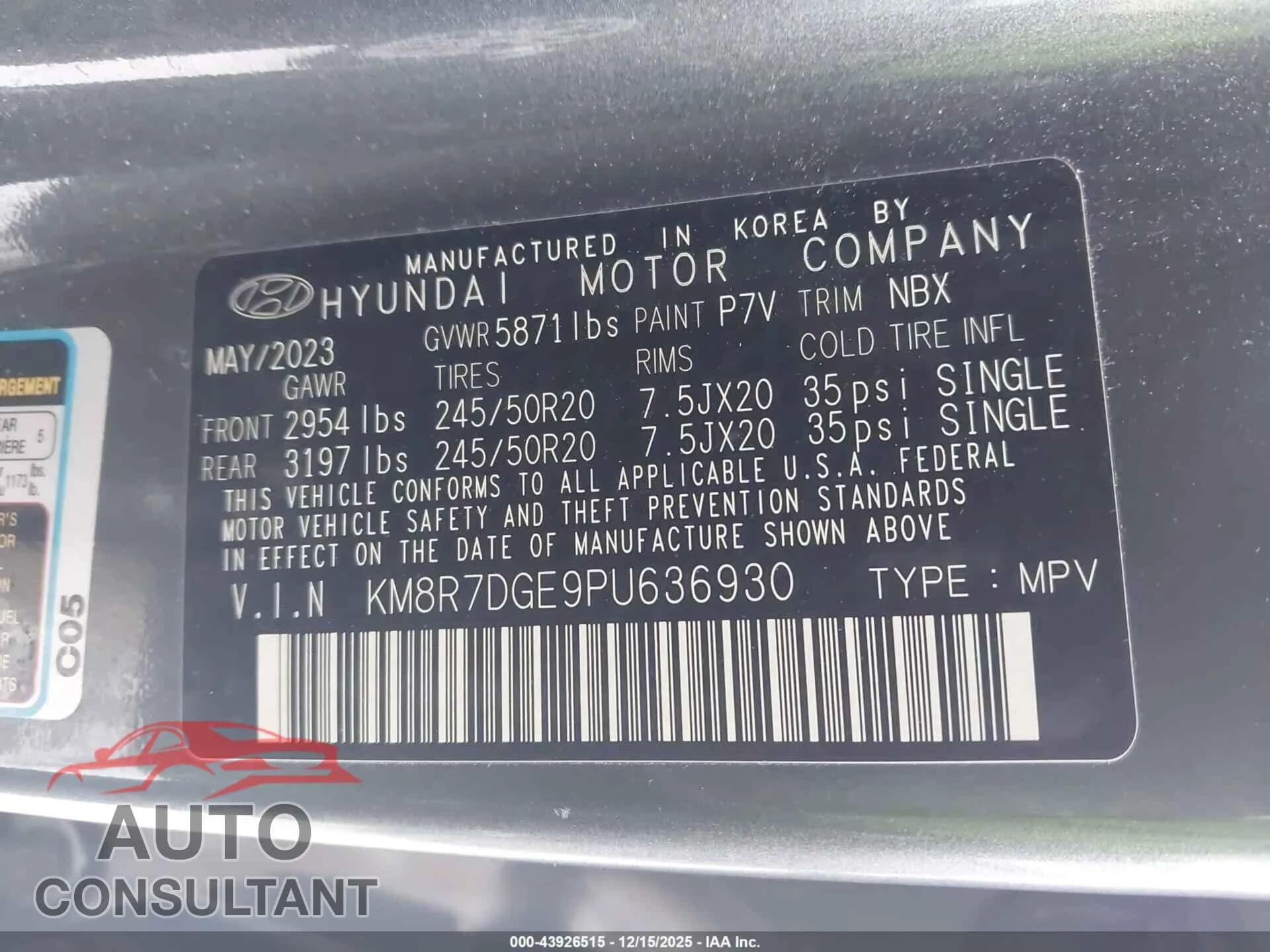 2023 HYUNDAI PALISADE Damaged VIN KM8R7DGE9PU636930 – trunk area 2023 HYUNDAI PALISADE Damaged VIN KM8R7DGE9PU636930 – trunk area