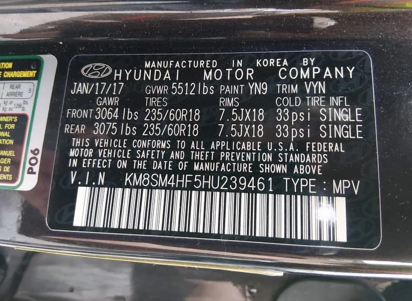 2017 HYUNDAI Santa Fe Used VIN KM8SM4HF5HU239461 – interior seats 2017 HYUNDAI Santa Fe Used VIN KM8SM4HF5HU239461 – interior seats