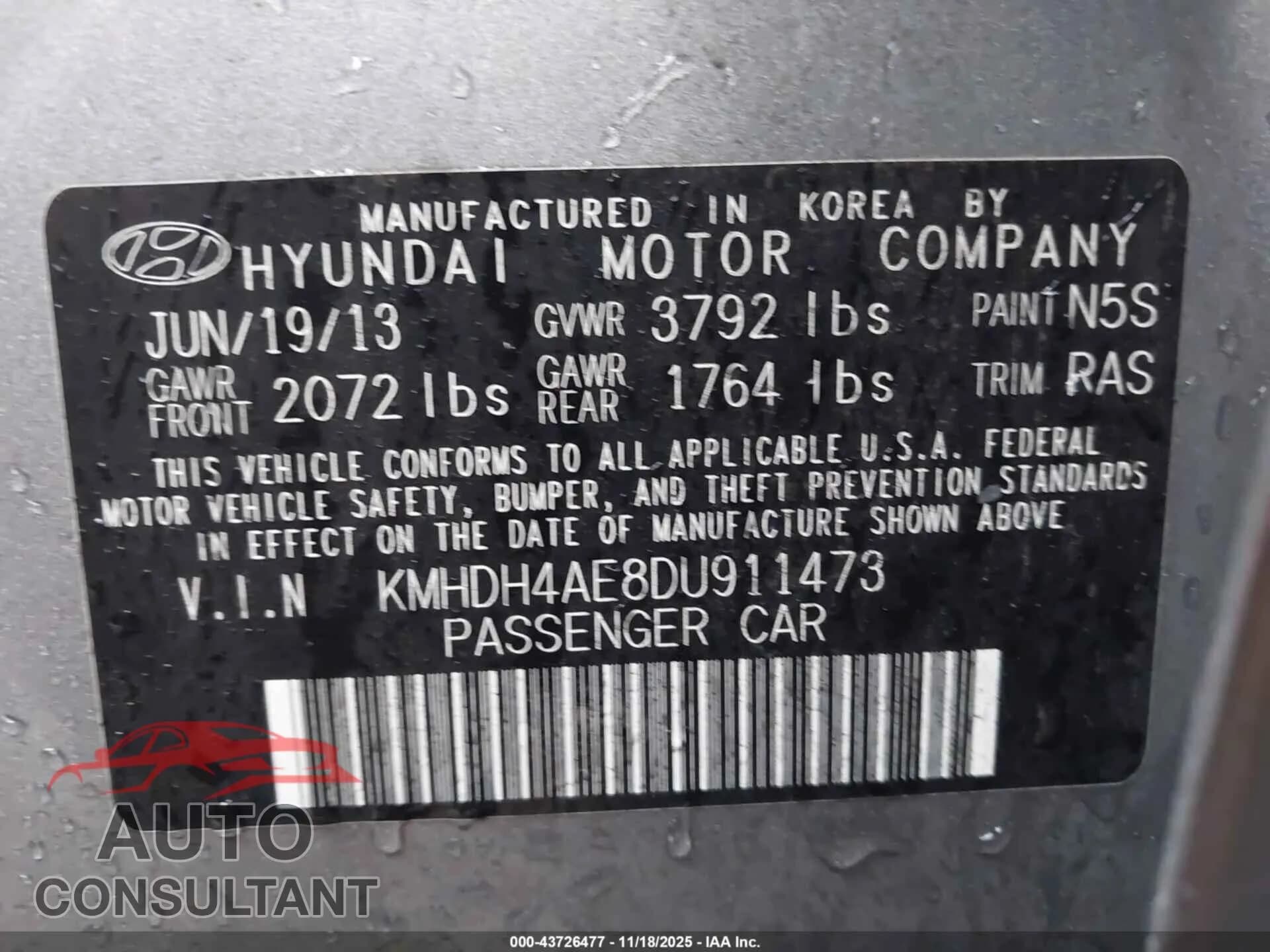 2013 HYUNDAI ELANTRA Damaged VIN KMHDH4AE8DU911473 – trunk area 2013 HYUNDAI ELANTRA Damaged VIN KMHDH4AE8DU911473 – trunk area