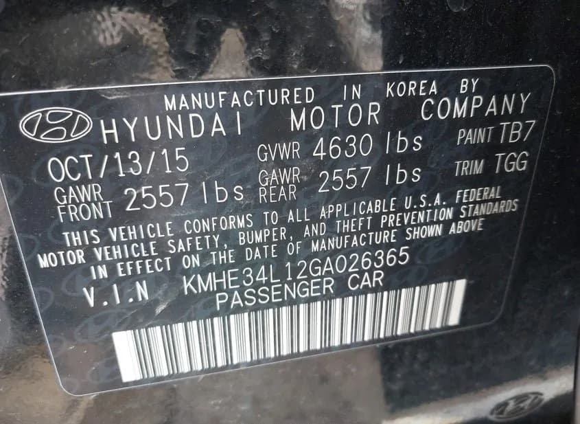 2016 HYUNDAI Sonata Used VIN KMHE34L12GA026365 – trunk area 2016 HYUNDAI Sonata Used VIN KMHE34L12GA026365 – trunk area