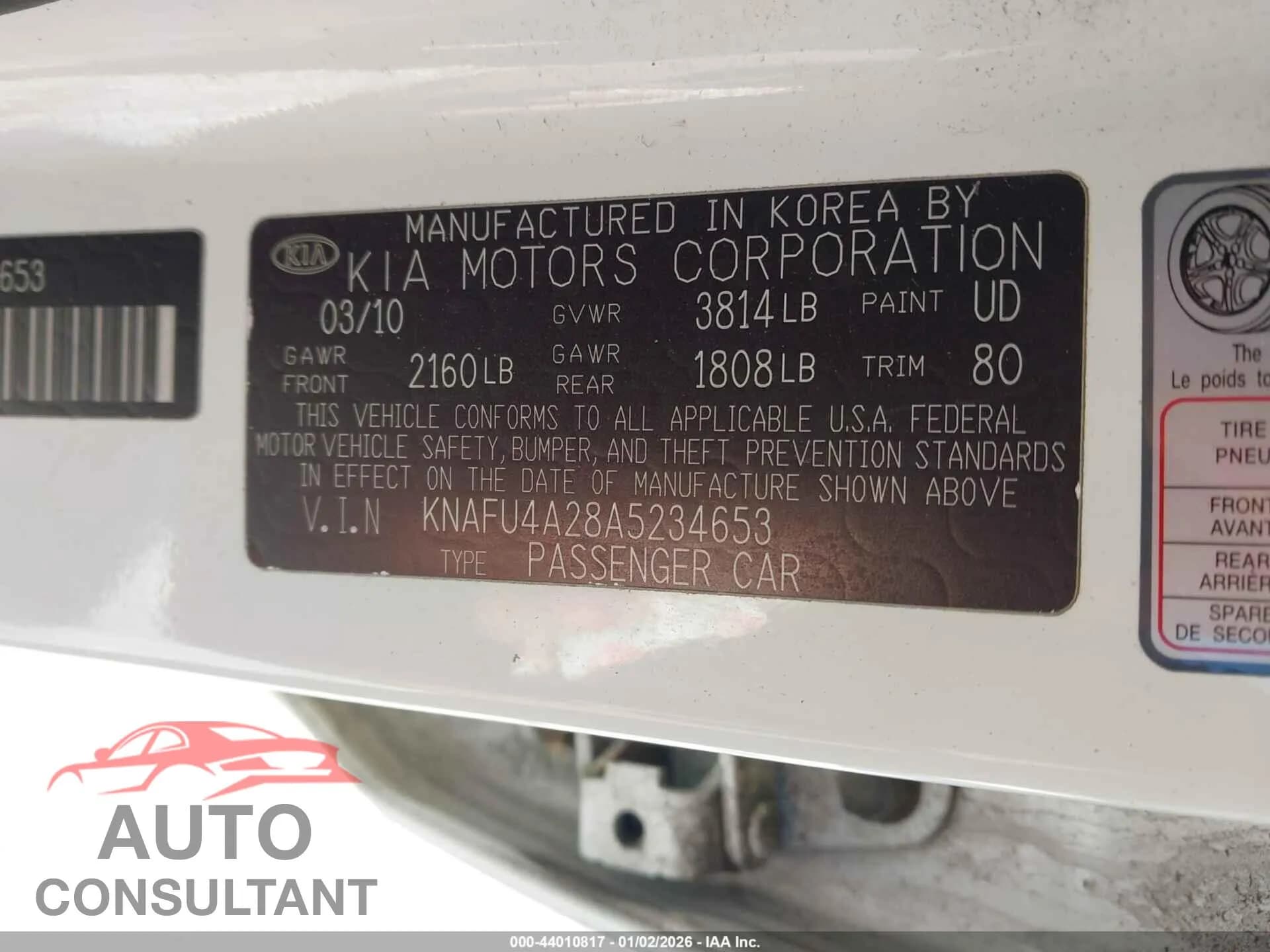 2010 KIA FORTE Damaged VIN KNAFU4A28A5234653 – trunk area 2010 KIA FORTE Damaged VIN KNAFU4A28A5234653 – trunk area