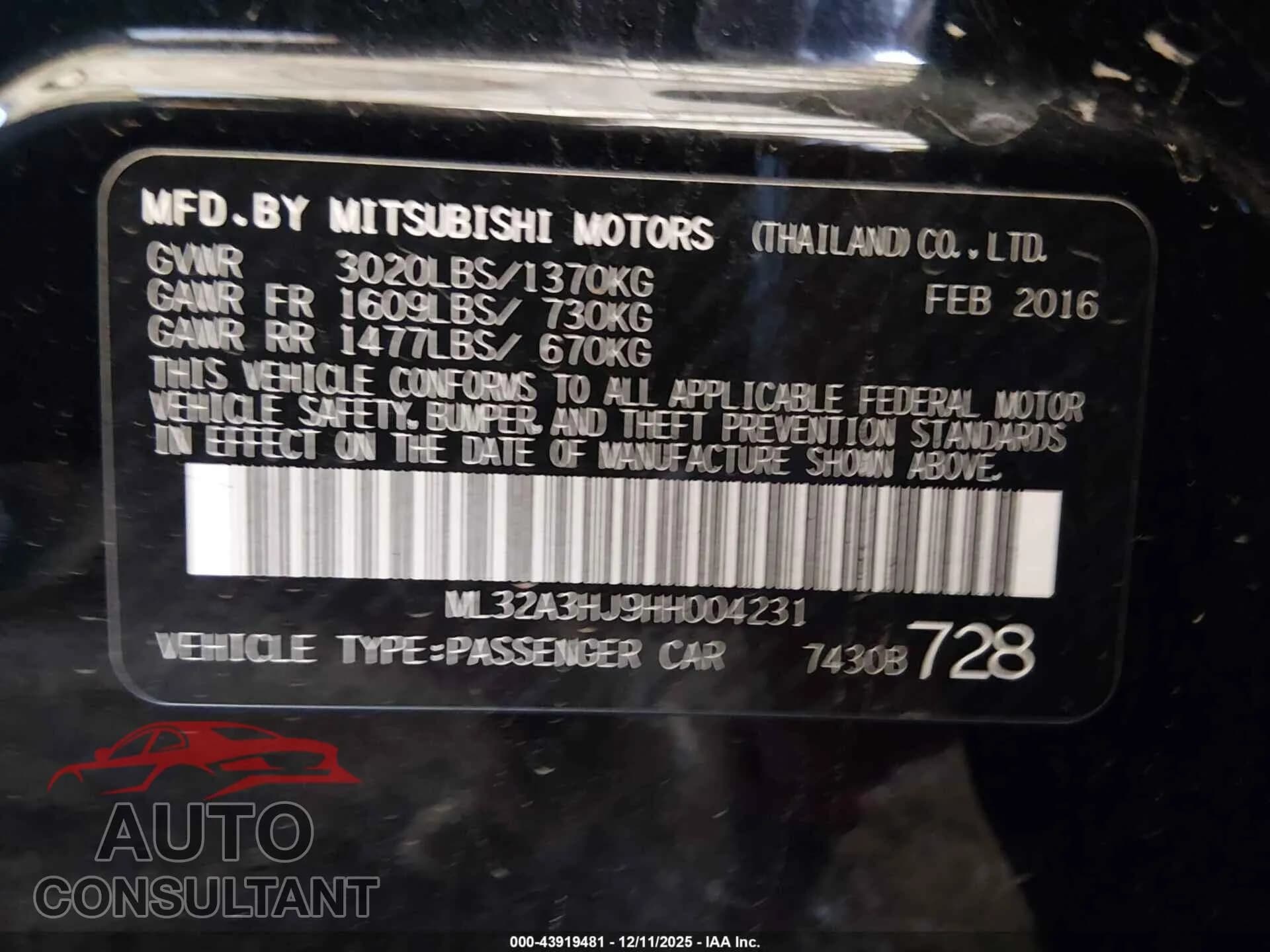 2017 MITSUBISHI MIRAGE Damaged VIN ML32A3HJ9HH004231 – trunk area 2017 MITSUBISHI MIRAGE Damaged VIN ML32A3HJ9HH004231 – trunk area
