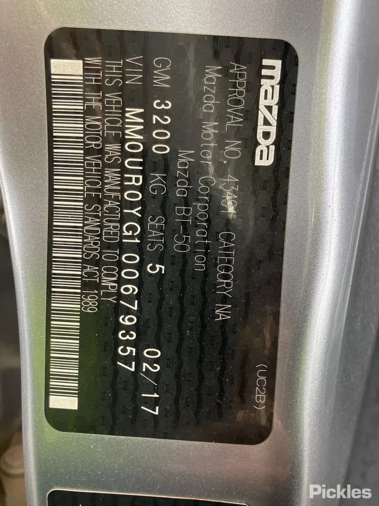 2017 Mazda BT-50 Used VIN MM0UR0YG100679357 – trunk area 2017 Mazda BT-50 Used VIN MM0UR0YG100679357 – trunk area