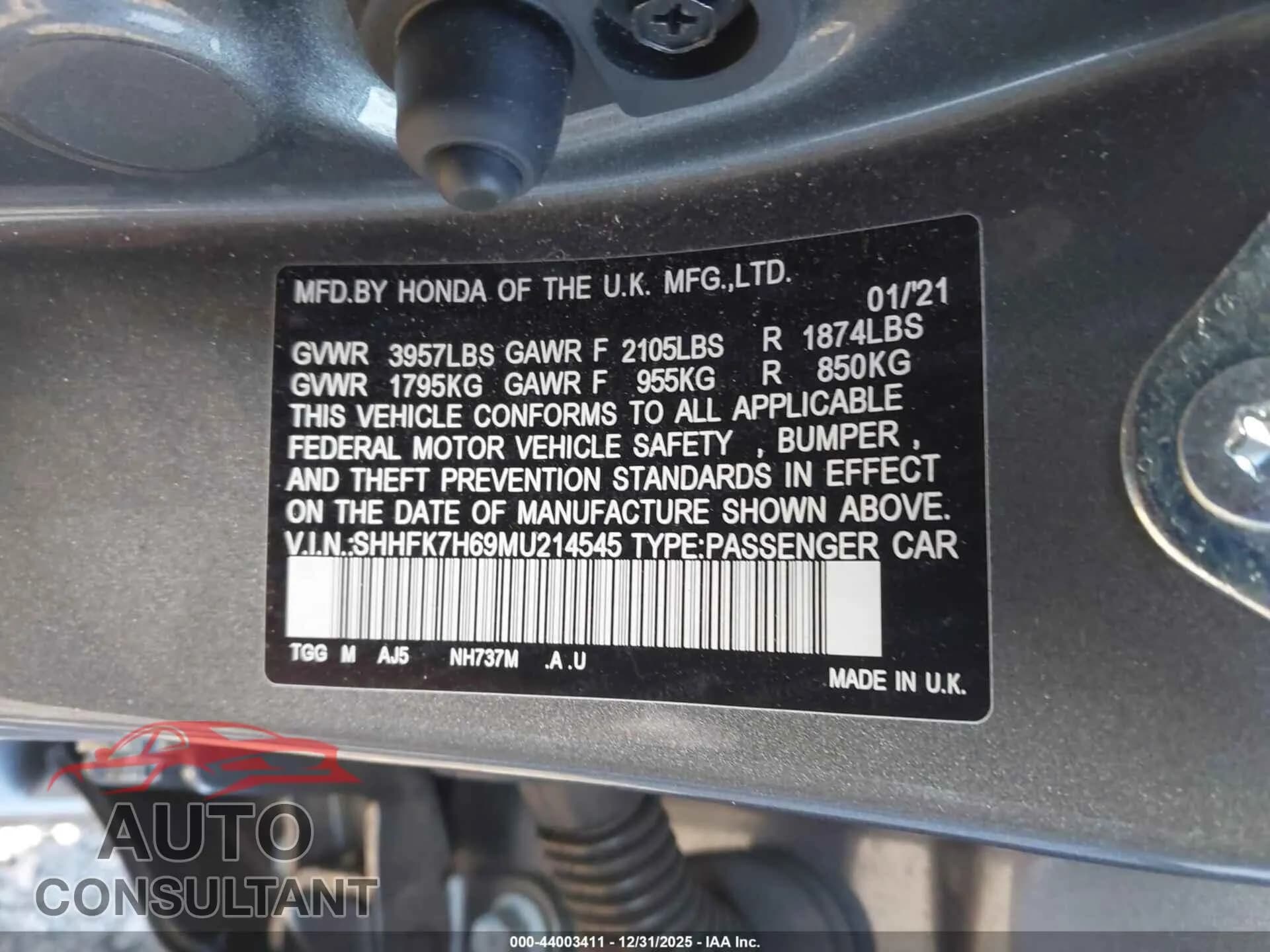 2021 HONDA CIVIC Damaged VIN SHHFK7H69MU214545 – trunk area 2021 HONDA CIVIC Damaged VIN SHHFK7H69MU214545 – trunk area